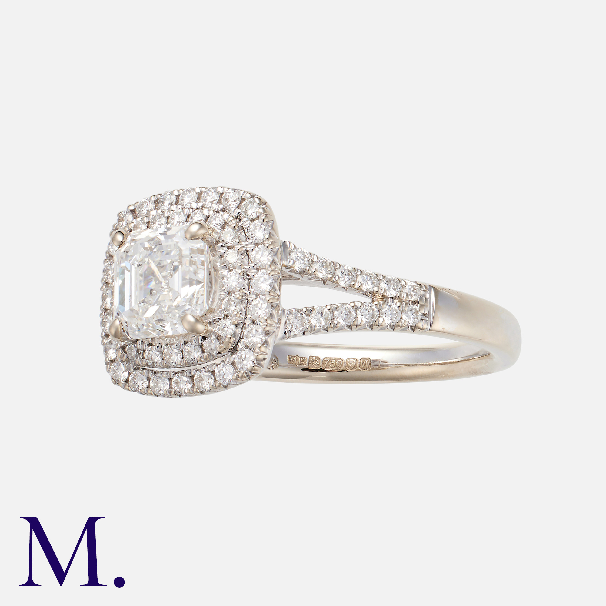 A Diamond Ring in 18k white gold, set with a central Asscher cut diamond of 1.01cts set within a two - Image 2 of 2