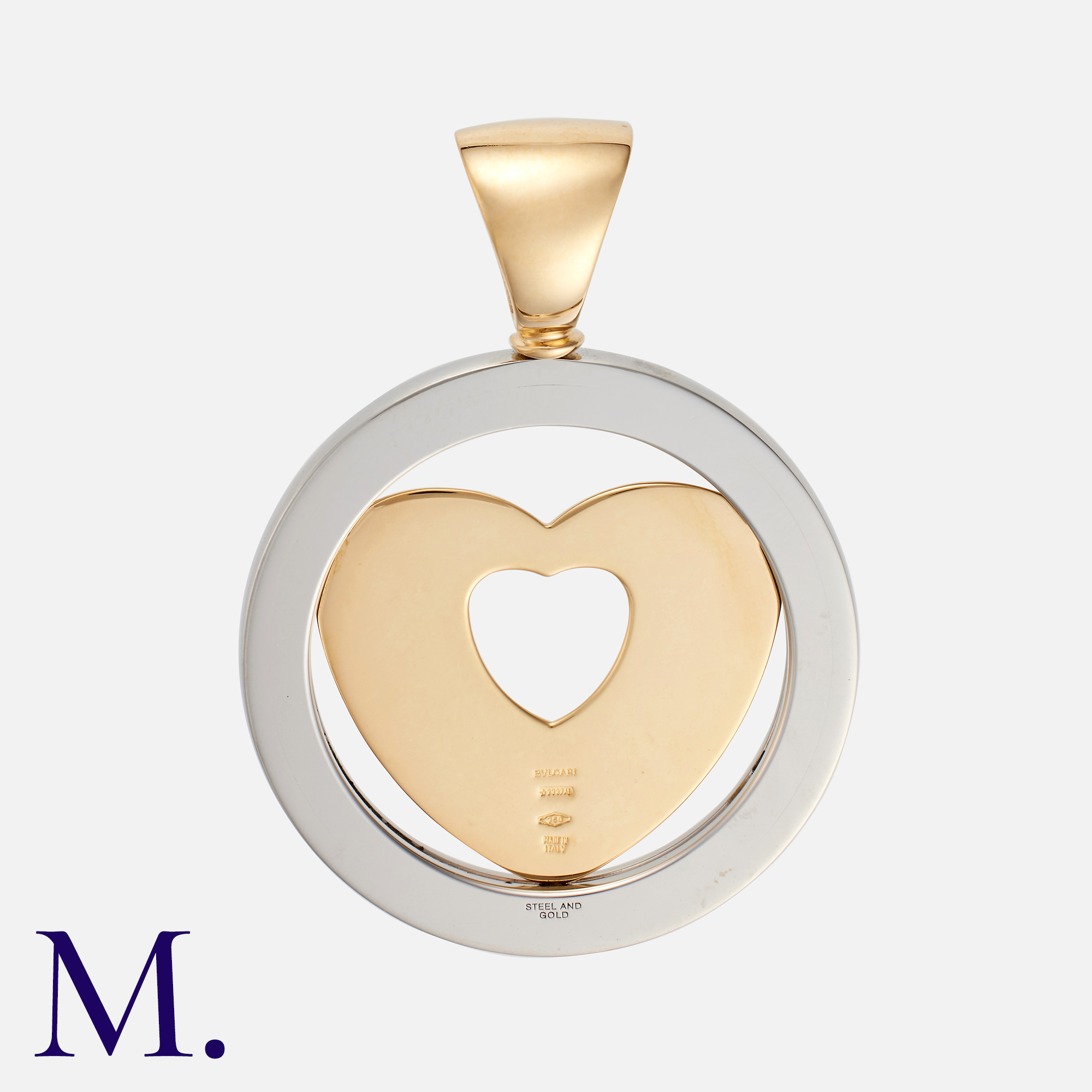 BULGARI. A Tondo Heart Pendant in 18k yellow gold and stainless steel, the stainless steel circle - Image 2 of 2