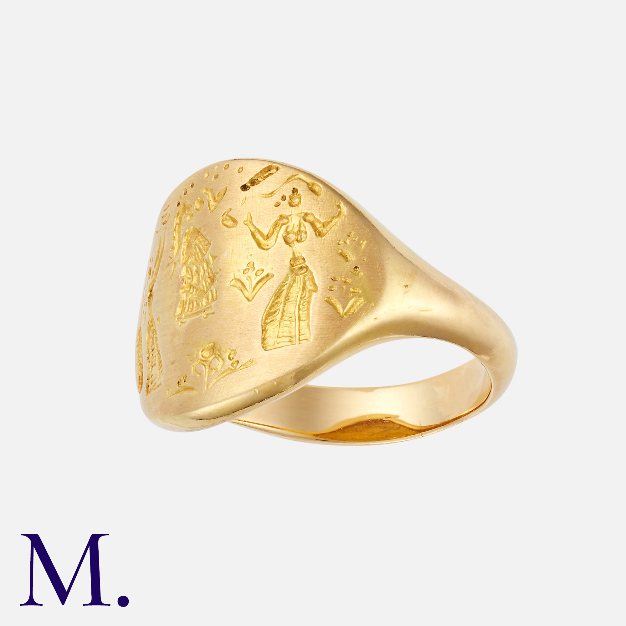 ZOLOTAS. A Signet Ring in 18K yellow gold with carved female forms to the oval face. Size: K Weight: - Image 2 of 2
