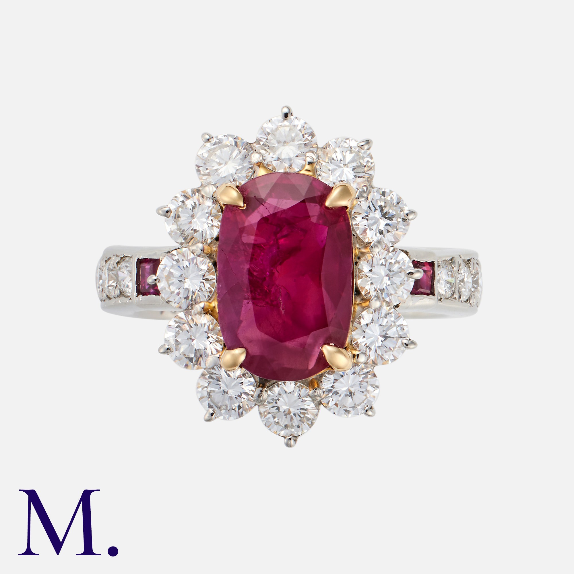 A Burma No Heat Ruby & Diamond Cluster Ring in 18k white gold and platinum set with a principal oval