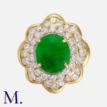 A Jade & Diamond Cocktail Ring in 18k yellow gold, the scalloped form set with a principal