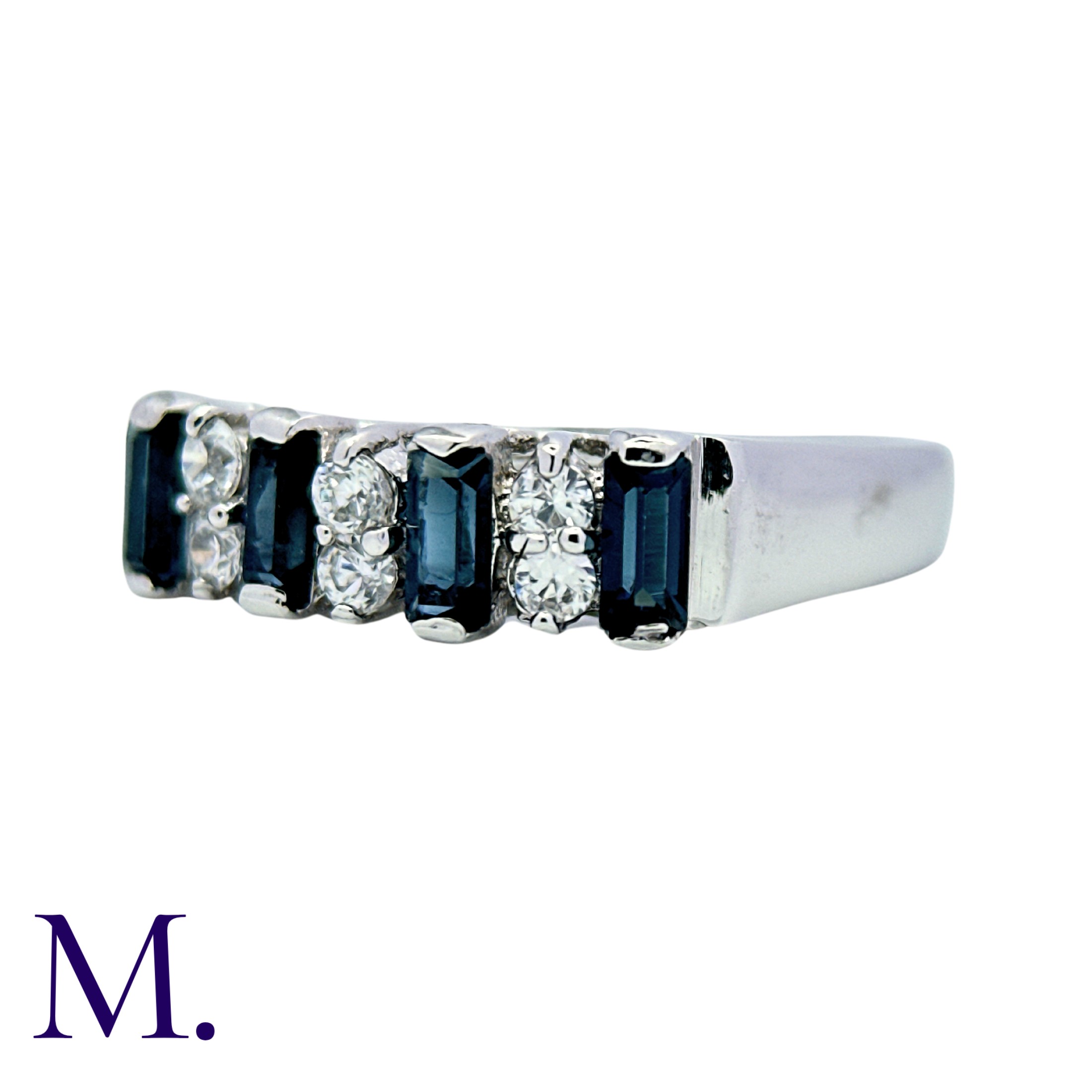 A Sapphire And White Stone Ring in white gold, set with step cut sapphires and round cut white - Image 2 of 4