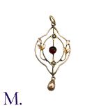 A Garnet And Pearl Pendant 9k yellow gold, the open work foliate and scrolling form set with a round