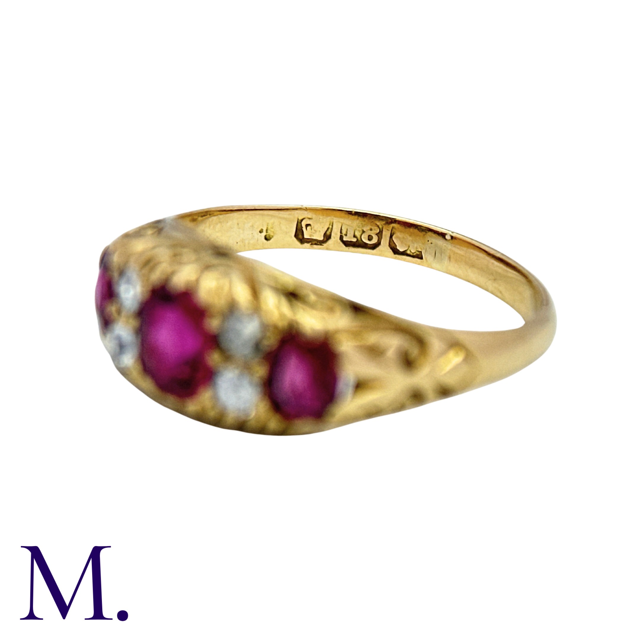 A Burma No Heat Ruby And Diamond Ring in 18k yellow gold, set with three principal cushion cut - Image 4 of 4