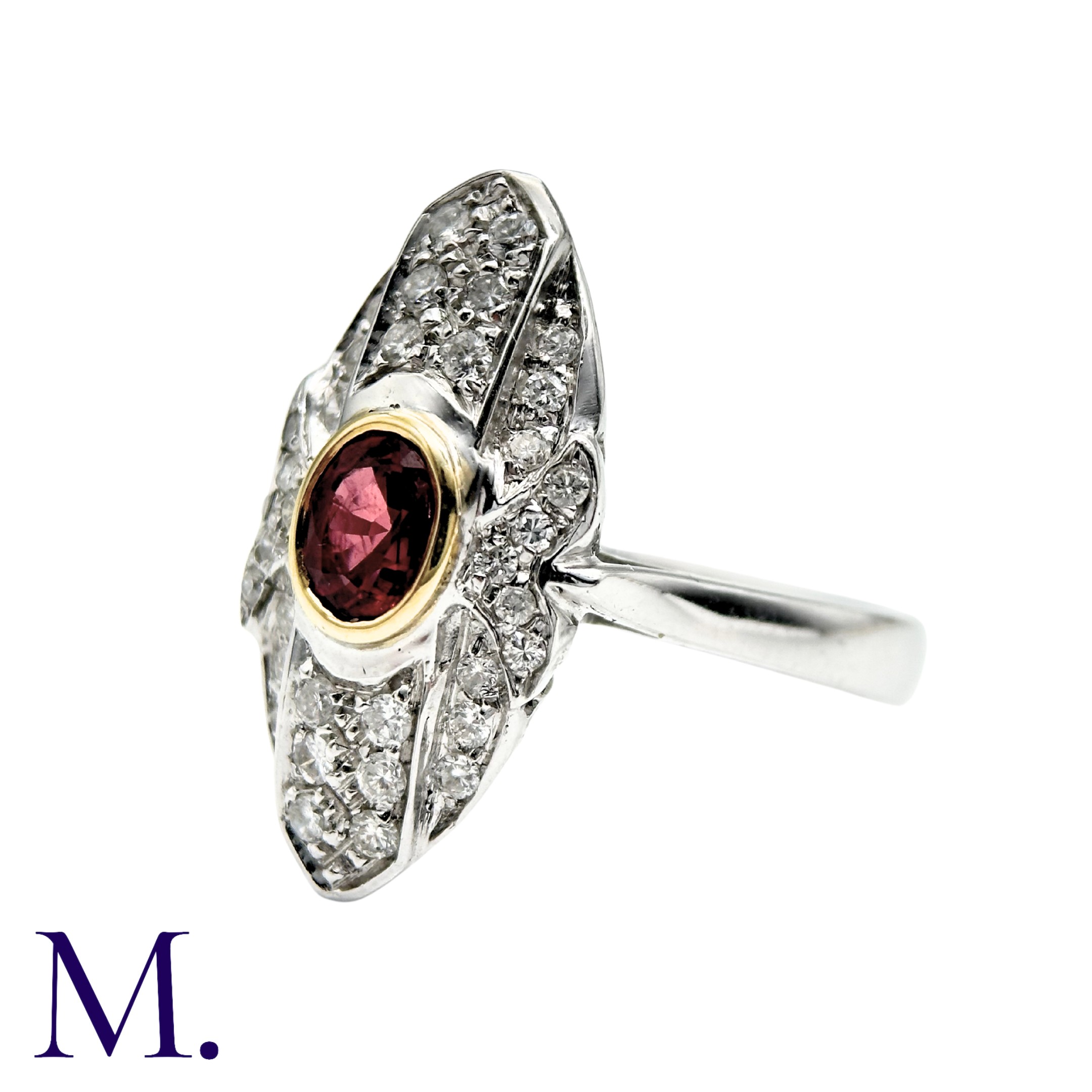 A Ruby And Diamond Dress Ring in 18k white gold, the navette form set with an oval cut ruby and - Image 3 of 5