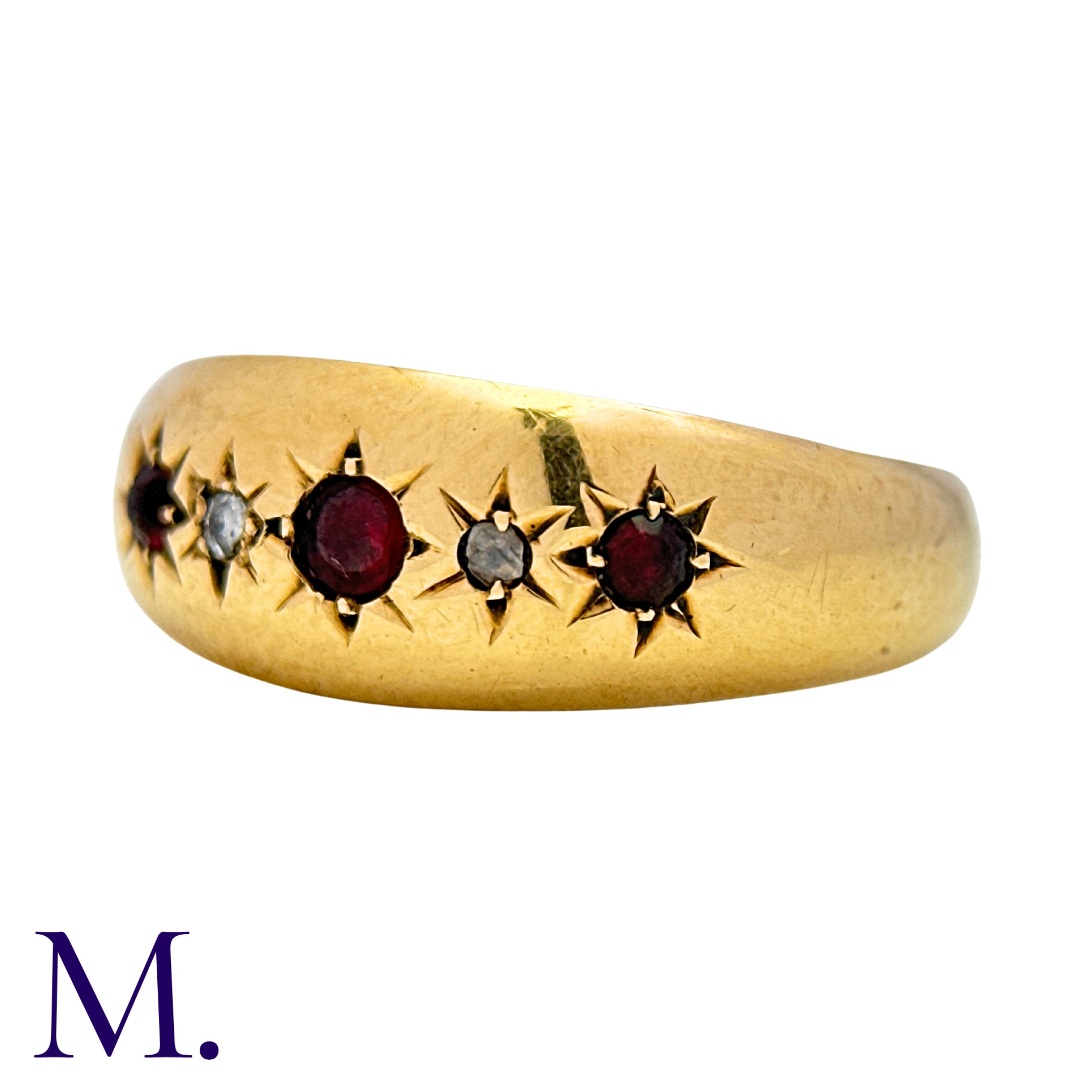 A Red Stone And Diamond Five Stone Gypsy Ring in 18k yellow gold, set with three red stones, - Image 2 of 4