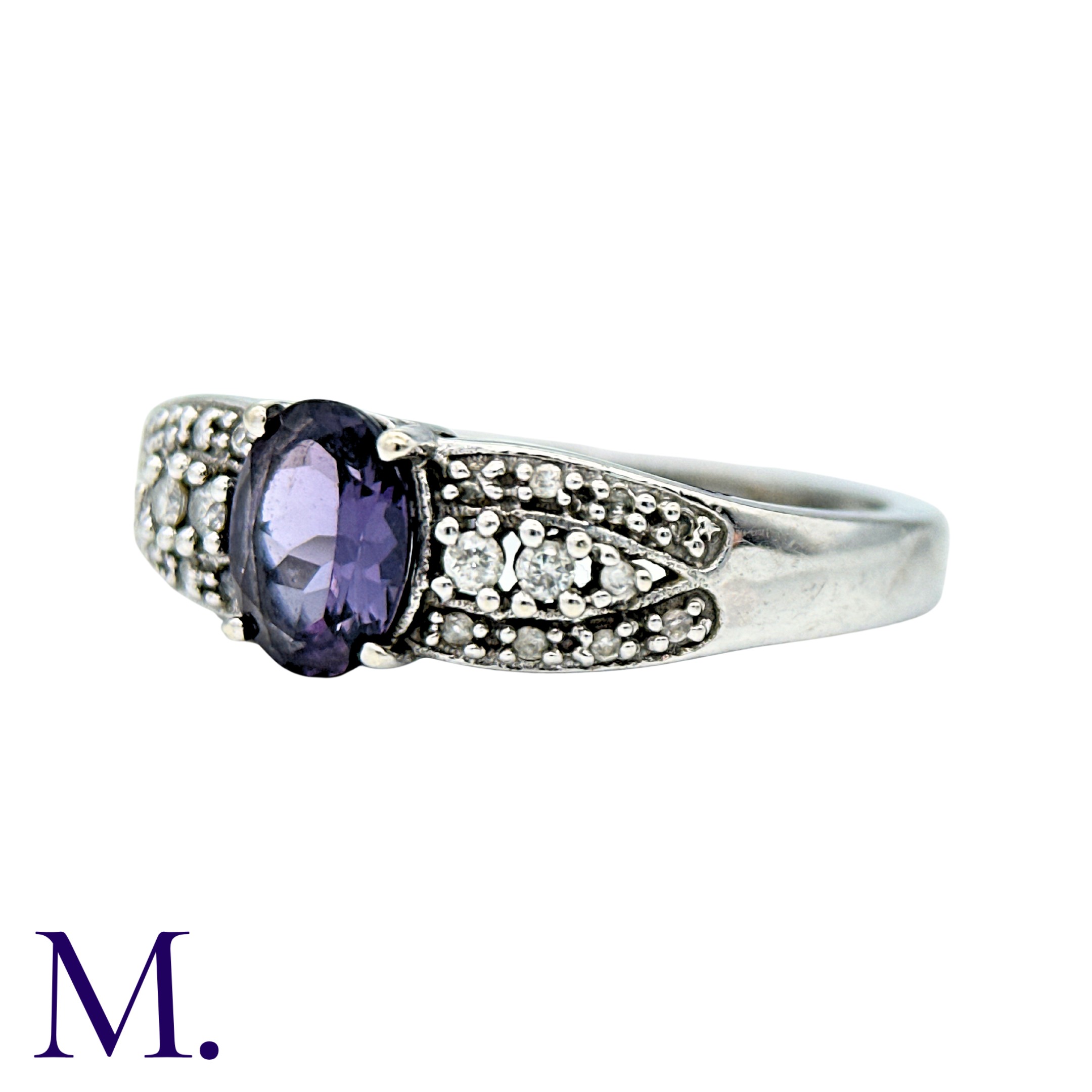 A Purple Sapphire And Diamond Ring in 9k white gold, set with an oval cut purple sapphire with - Image 2 of 3