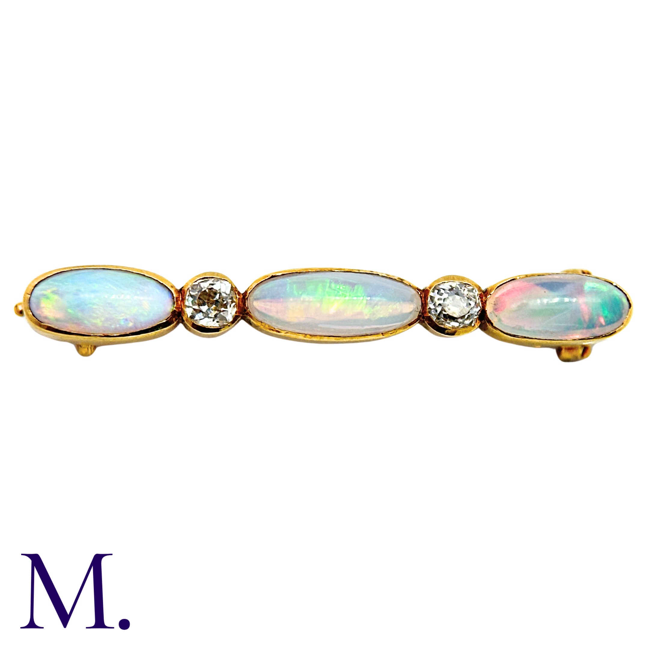 An Antique Opal And Diamond Bar Brooch in yellow gold, comprising an alternating row of three - Image 2 of 4