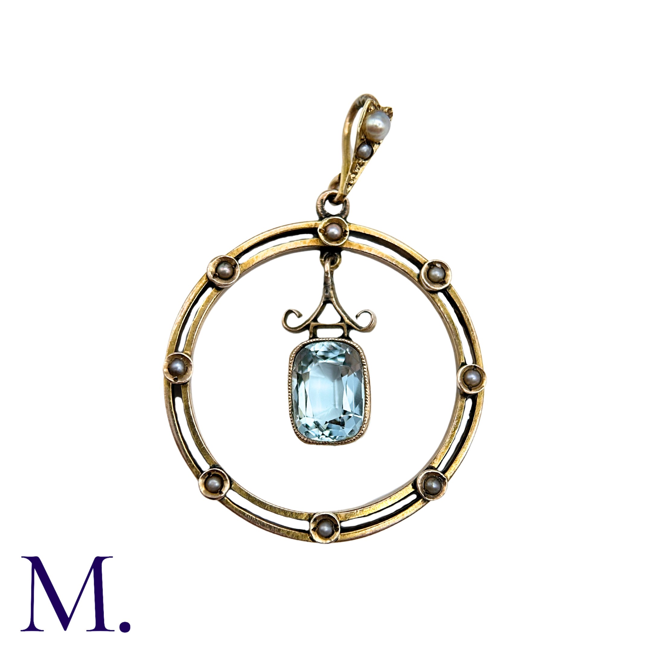 An Aquamarine And Pearl Pendant in yellow gold, the openwork circular design set with pearls