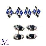 Two Pairs Of Enamelled Cufflinks in silver, one pair of oval form featuring black and white