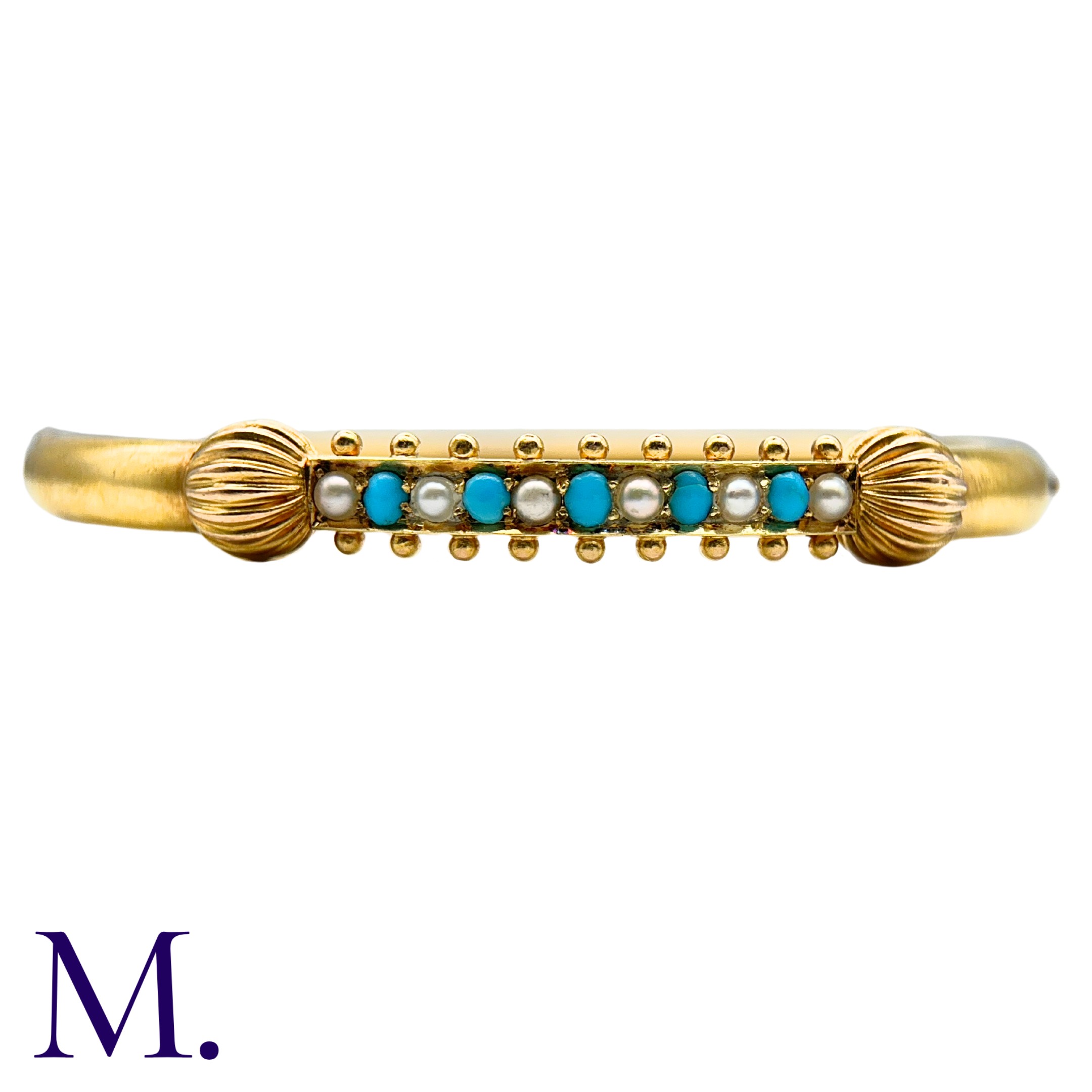 A Pearl And Turquoise Bangle in 15k yellow gold, set with a row of alternating cabochon turquoise