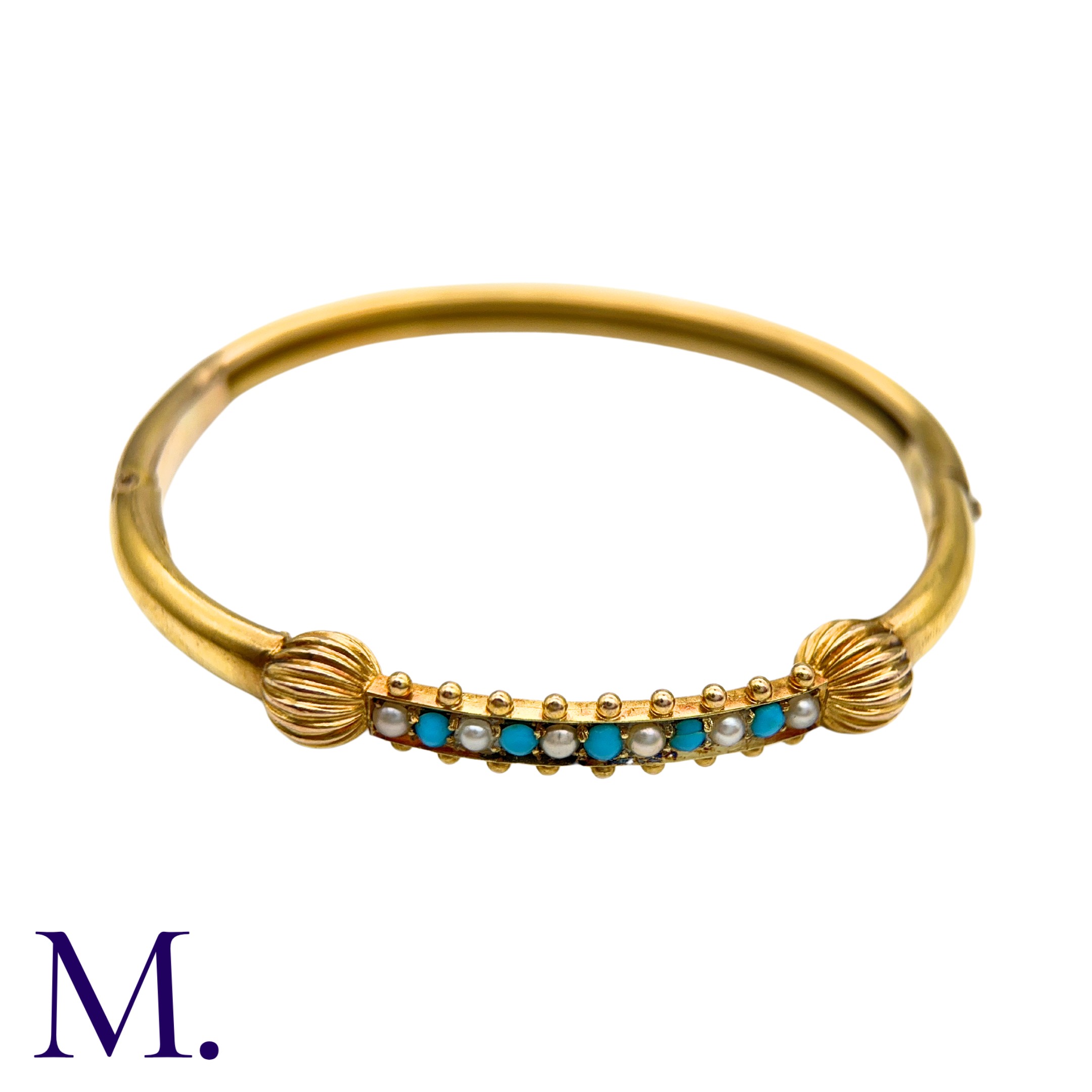 A Pearl And Turquoise Bangle in 15k yellow gold, set with a row of alternating cabochon turquoise - Image 3 of 4