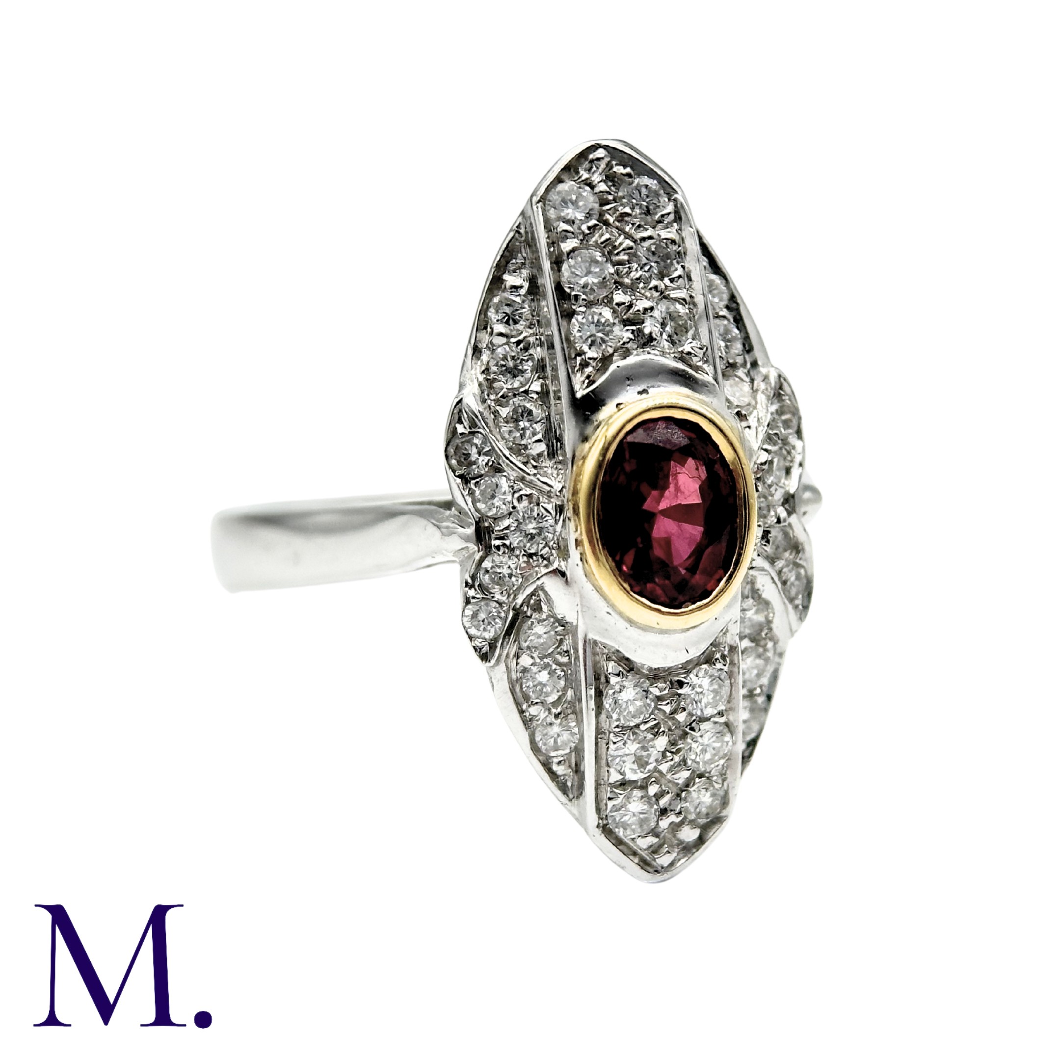 A Ruby And Diamond Dress Ring in 18k white gold, the navette form set with an oval cut ruby and - Image 2 of 5