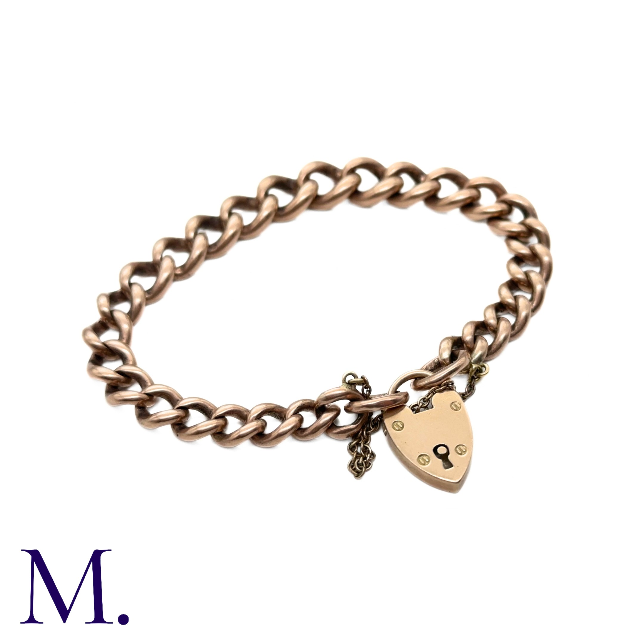 A Large Antique Curb Bracelet in 9K rose gold. Secured with heart-shaped padlock. Marked '375' for - Image 3 of 4