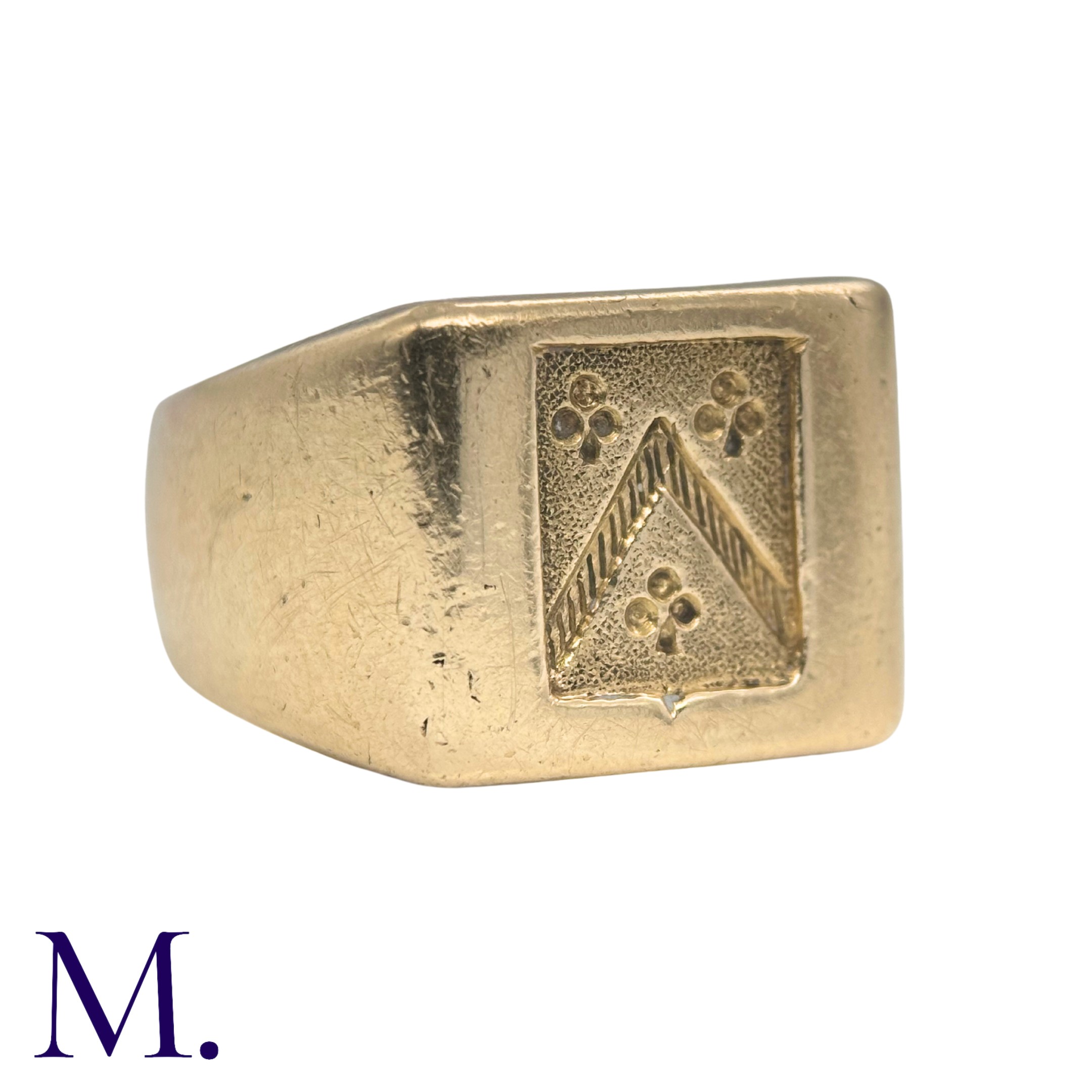 A Gold Signet Ring in 18K yellow gold. Unmarked but tests indicate 18ct gold. Size: P Weight: 14.2g