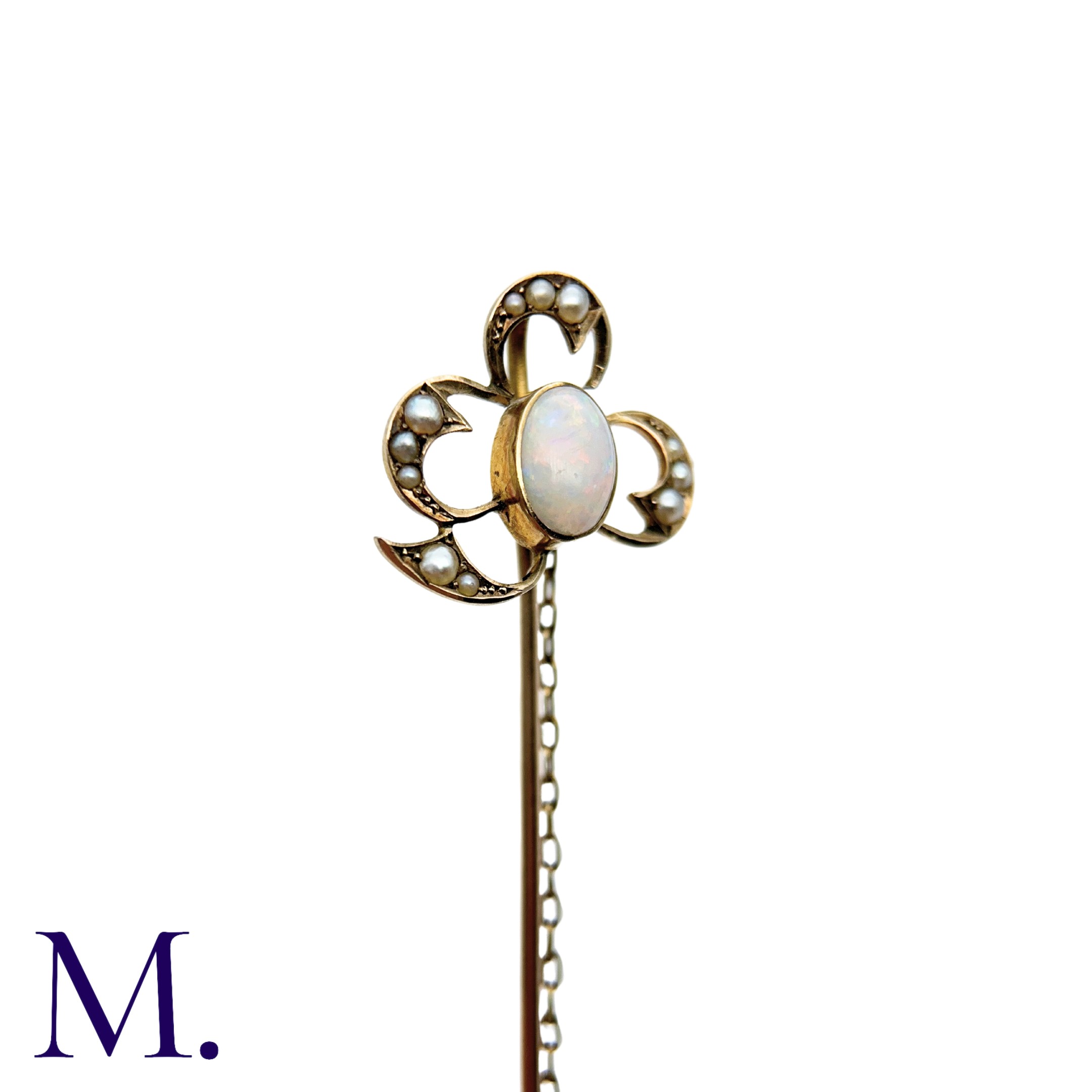 An Antique Opal And Pearl Stick Pin in yellow gold, the terminal designed as a clover, set with a - Image 2 of 4