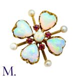 An Antique Opal, Pearl And Ruby Brooch Pendant in yellow gold, comprising four heart shaped opals in