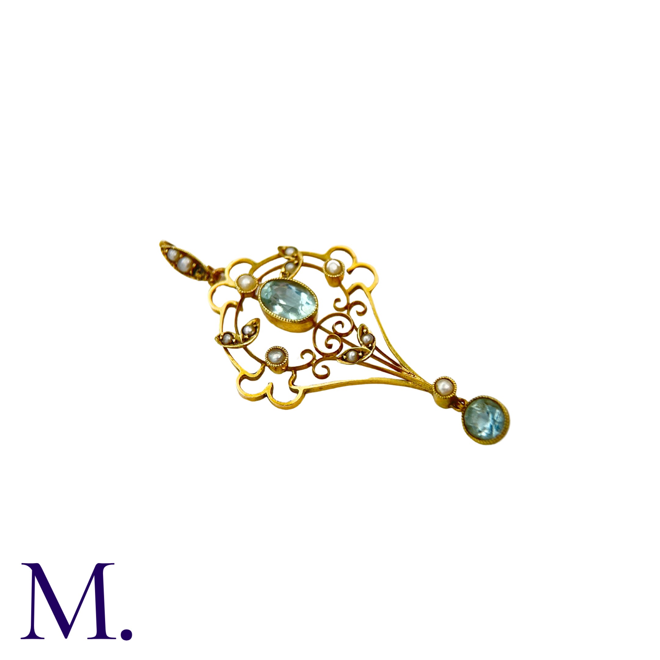 An Aquamarine And Pearl Pendant in 15k yellow gold , the open work foliate and scrolling form set - Image 2 of 2