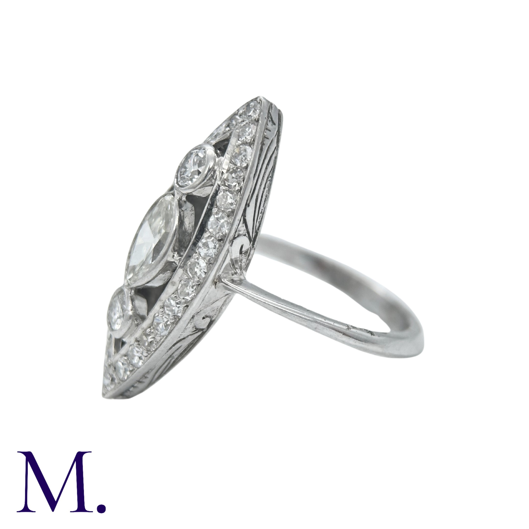 An Art Deco Diamond Ring in an openwork marquise shape with two principal round cut diamonds of - Image 3 of 6