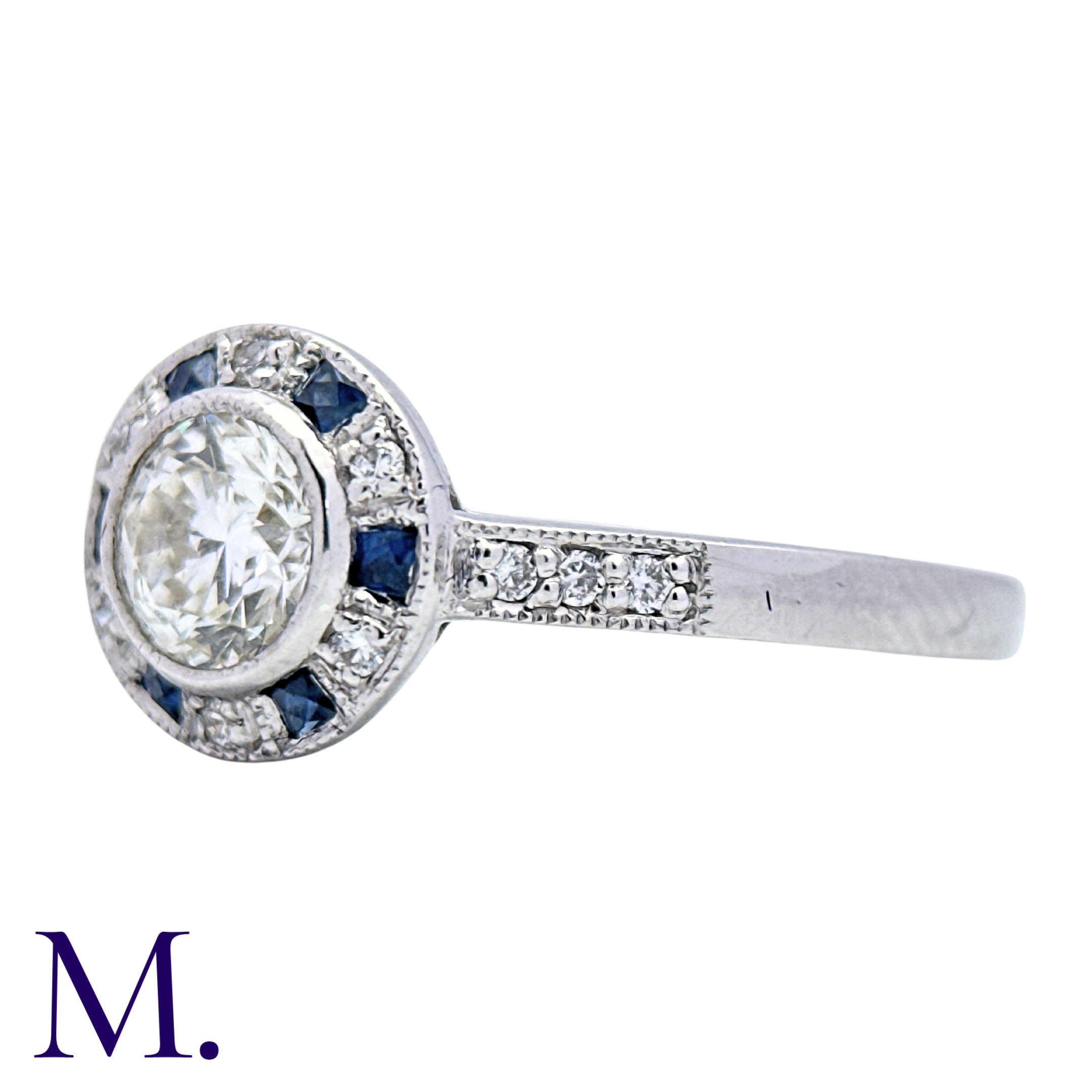 A Diamond And Sapphire Target Cluster Ring in 18k white gold, set with a principal round cut diamond - Image 2 of 4