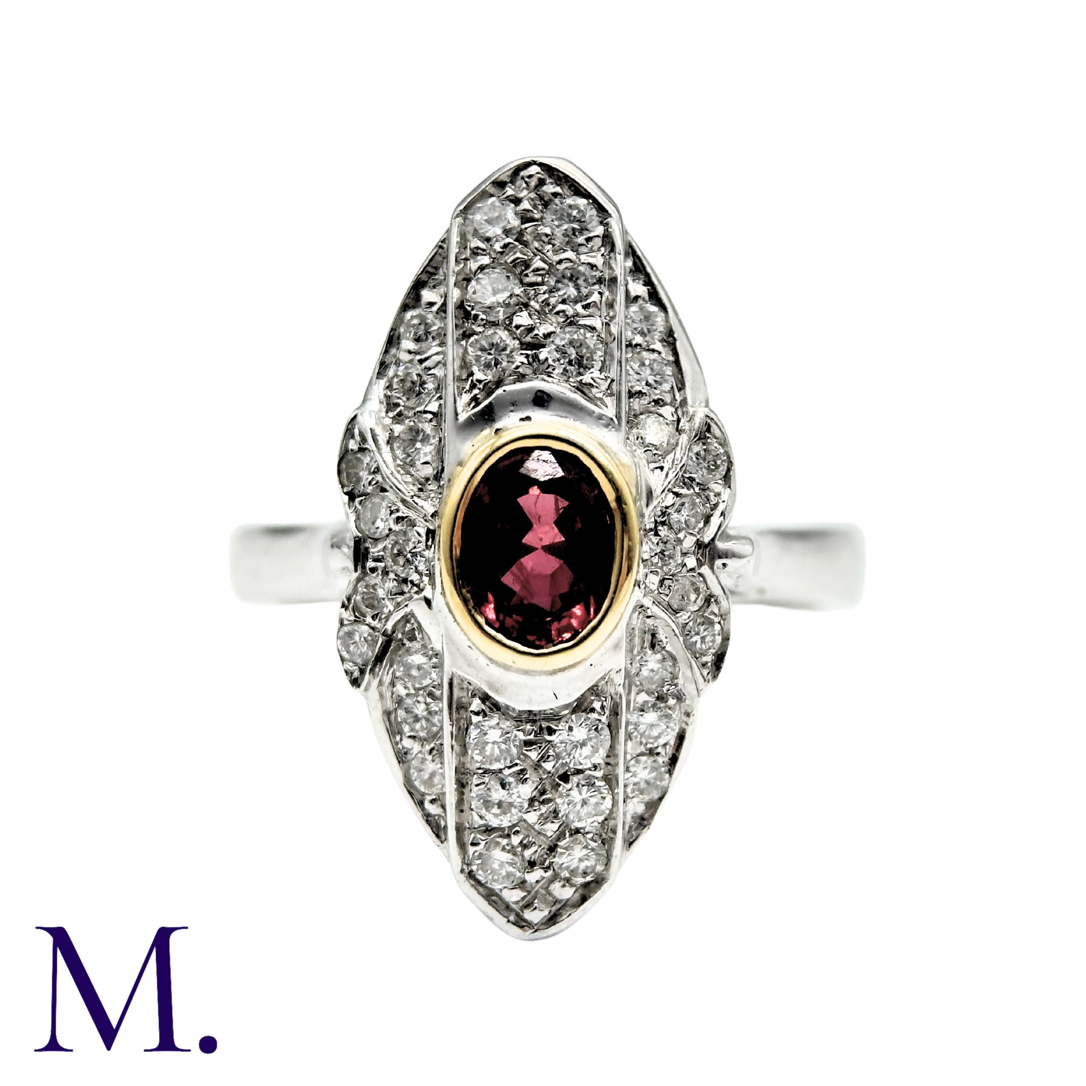 A Ruby And Diamond Dress Ring in 18k white gold, the navette form set with an oval cut ruby and