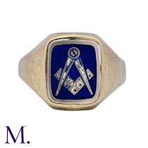 A Masonic Swivel Ring in yellow gold, the signet ring with blue enamel set with gold square and