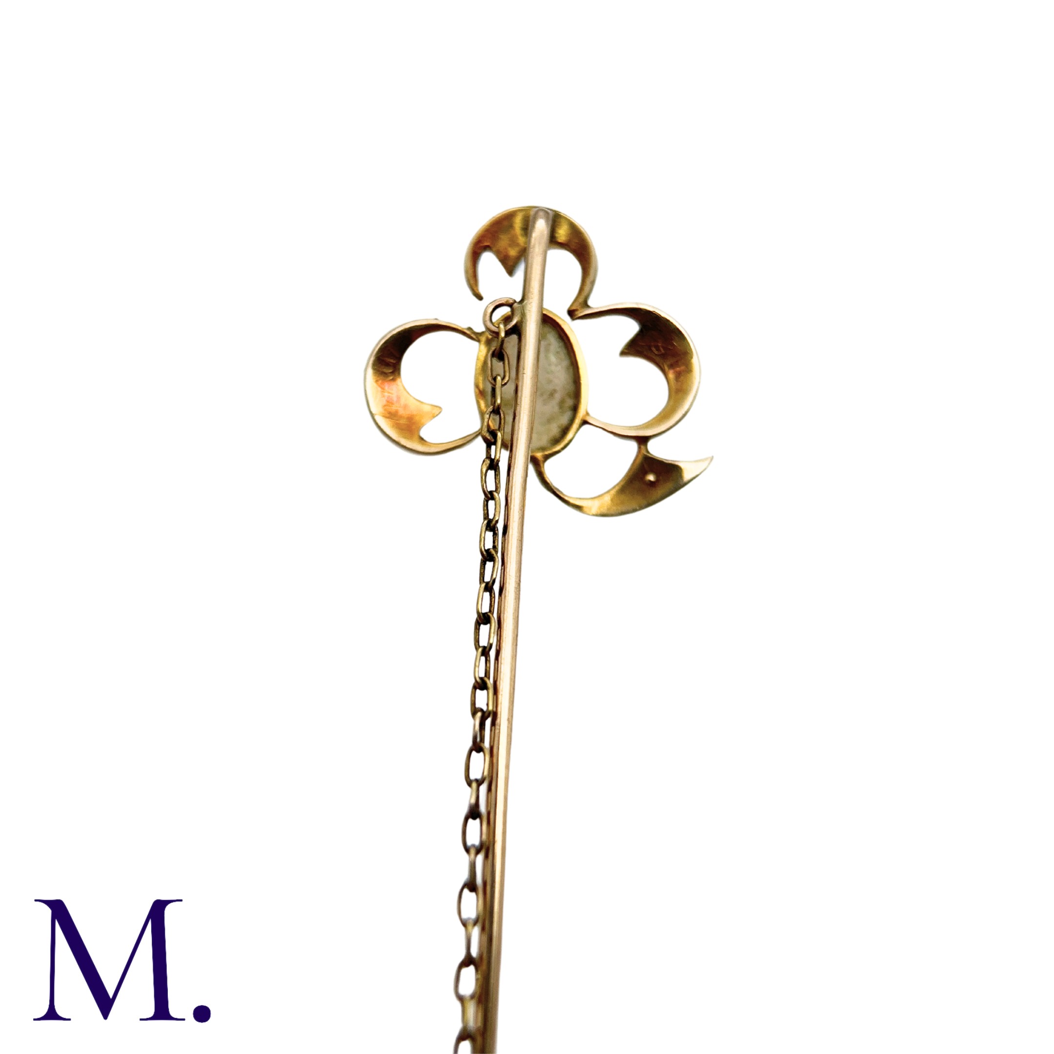 An Antique Opal And Pearl Stick Pin in yellow gold, the terminal designed as a clover, set with a - Image 4 of 4