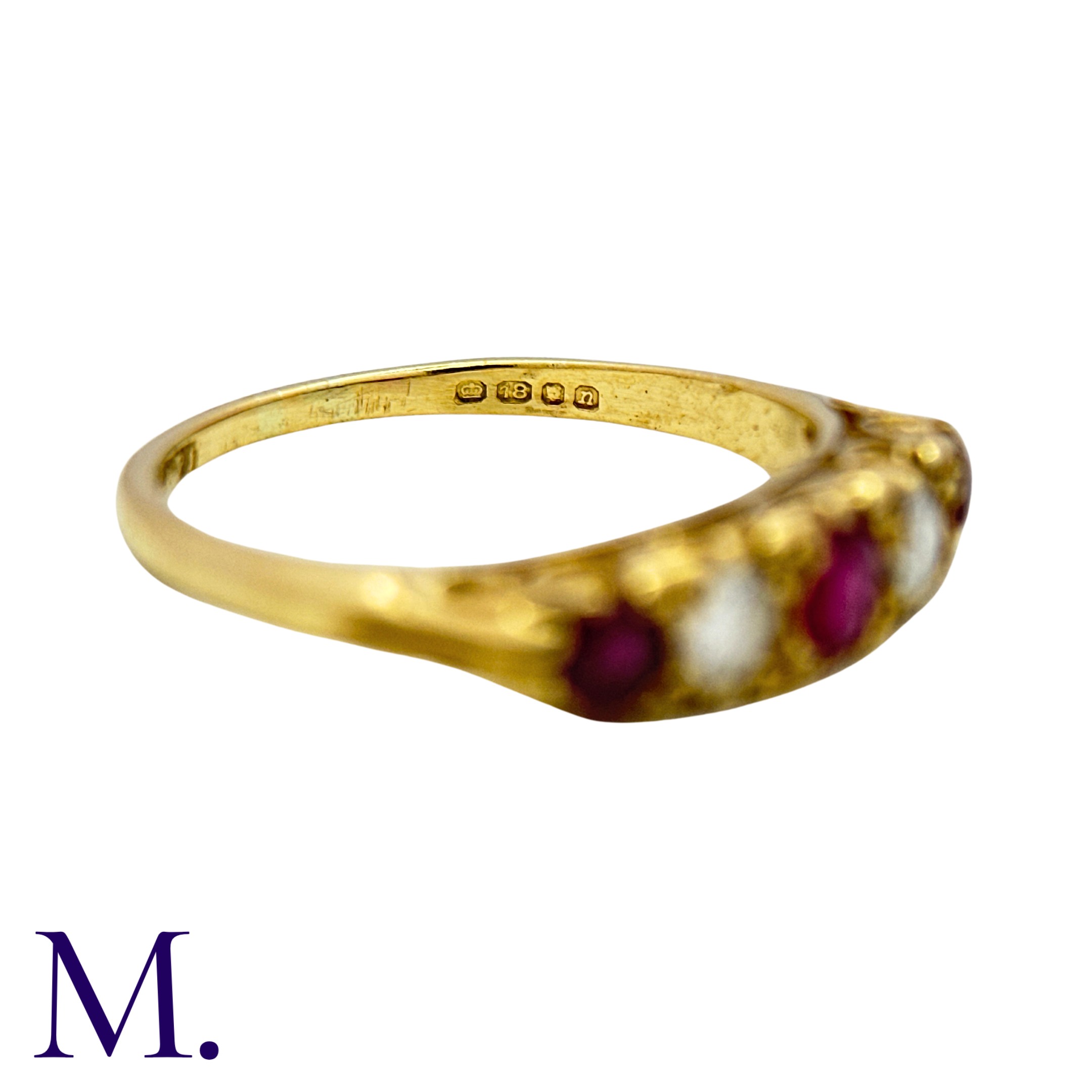 A Ruby And Diamond Five Stone Ring in 18k yellow gold, set with three round cut rubies punctuated by - Image 5 of 5