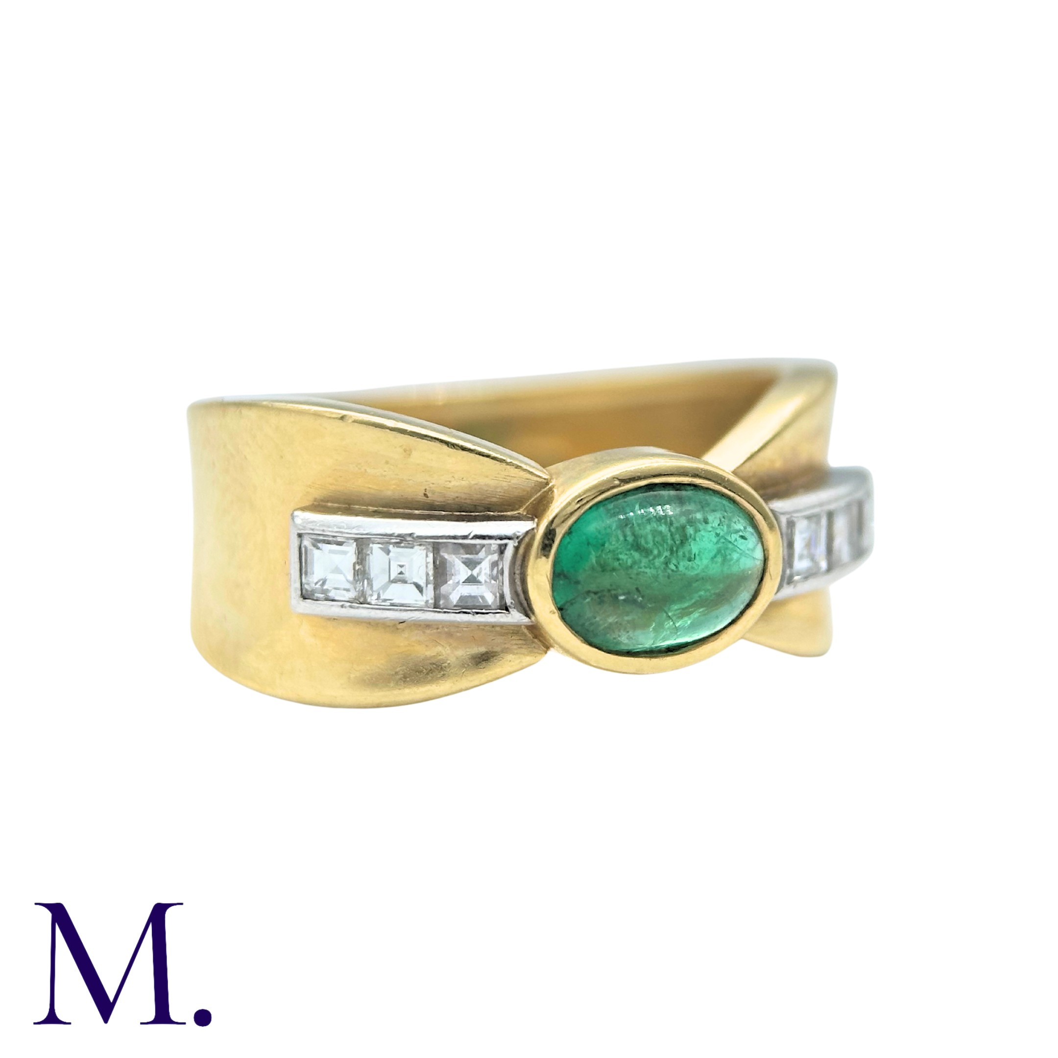 An Emerald And Diamond Ring in 18k yellow gold, set with a cabochon emerald with asscher cut diamond - Image 2 of 4