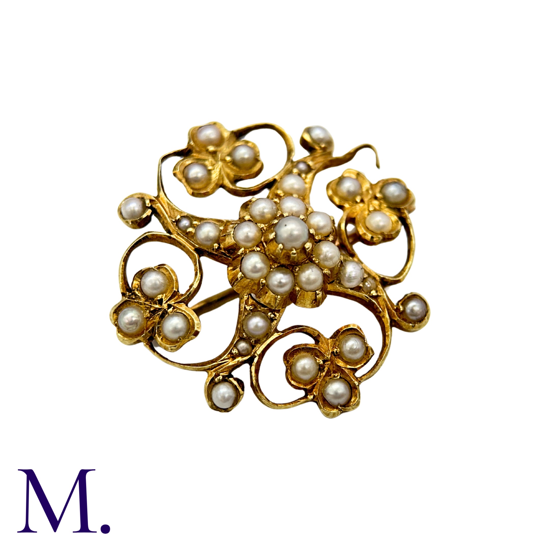 A Pearl Brooch in 15k yellow gold, the openwork scrolling and foliate form set with pearls. - Image 2 of 3