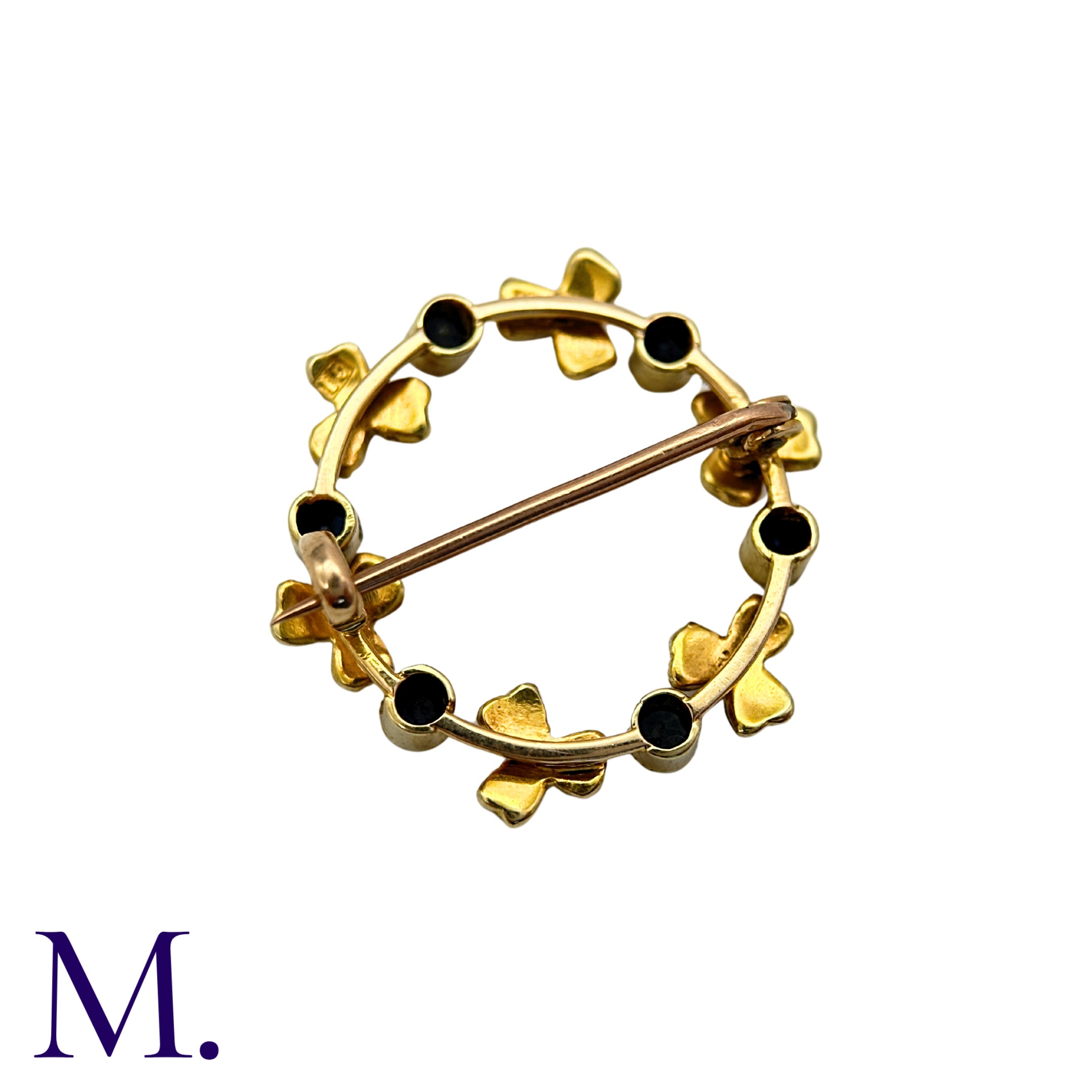 A Pearl And Sapphire Brooch in 15k yellow gold, the circular, foliate form set with round cut - Image 4 of 4