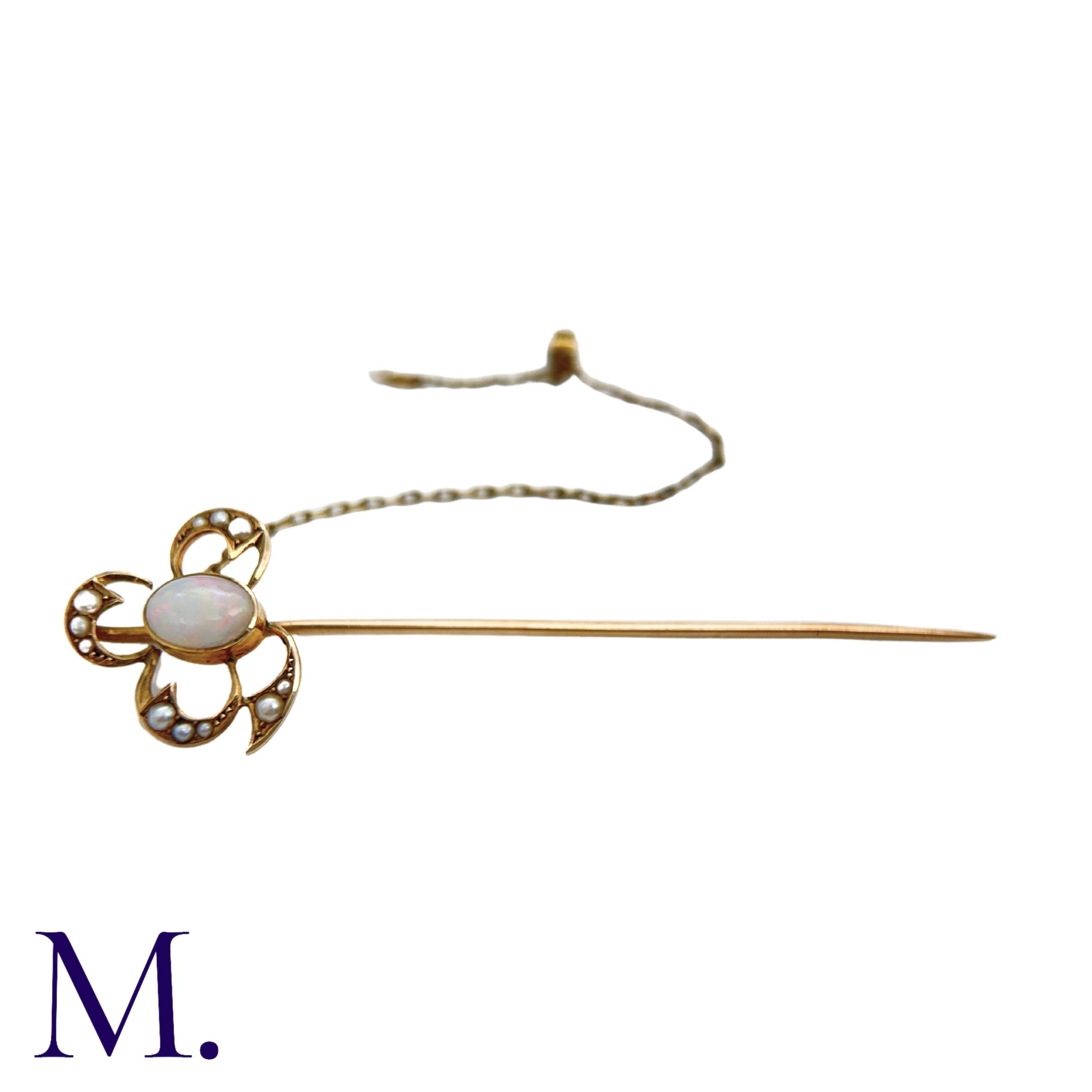 An Antique Opal And Pearl Stick Pin in yellow gold, the terminal designed as a clover, set with a - Image 3 of 4