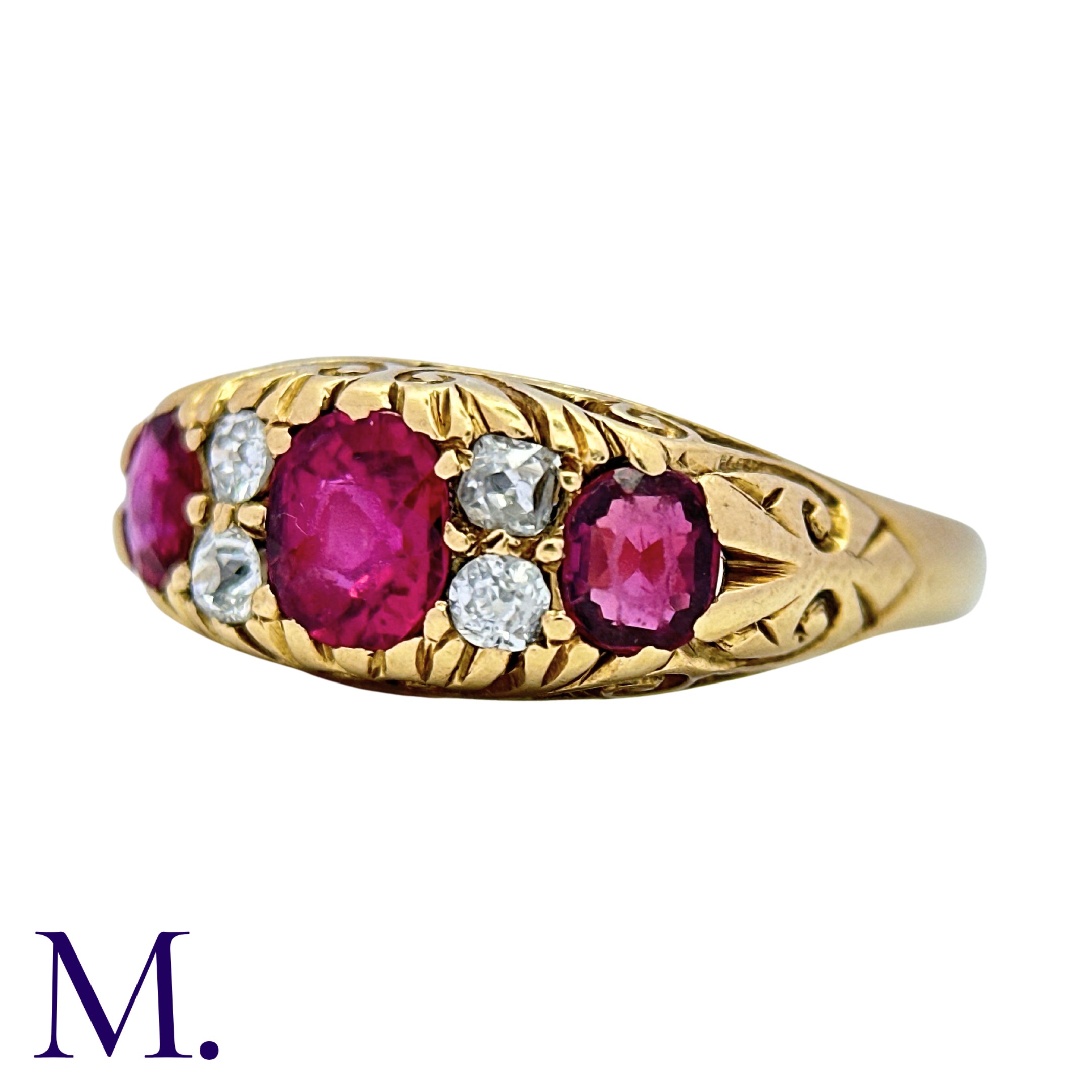 A Burma No Heat Ruby And Diamond Ring in 18k yellow gold, set with three principal cushion cut - Image 2 of 4