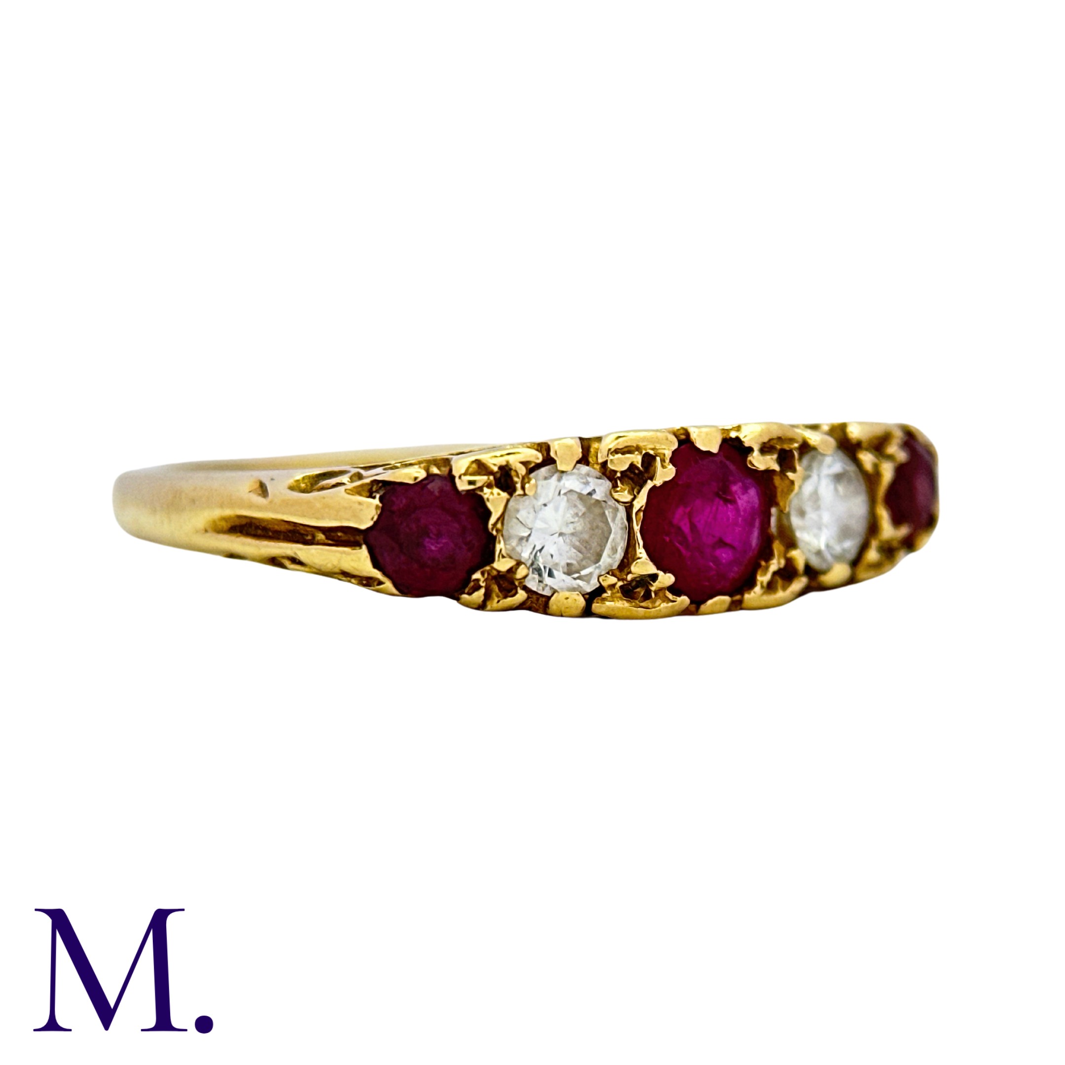 A Ruby And Diamond Five Stone Ring in 18k yellow gold, set with three round cut rubies punctuated by - Image 2 of 5