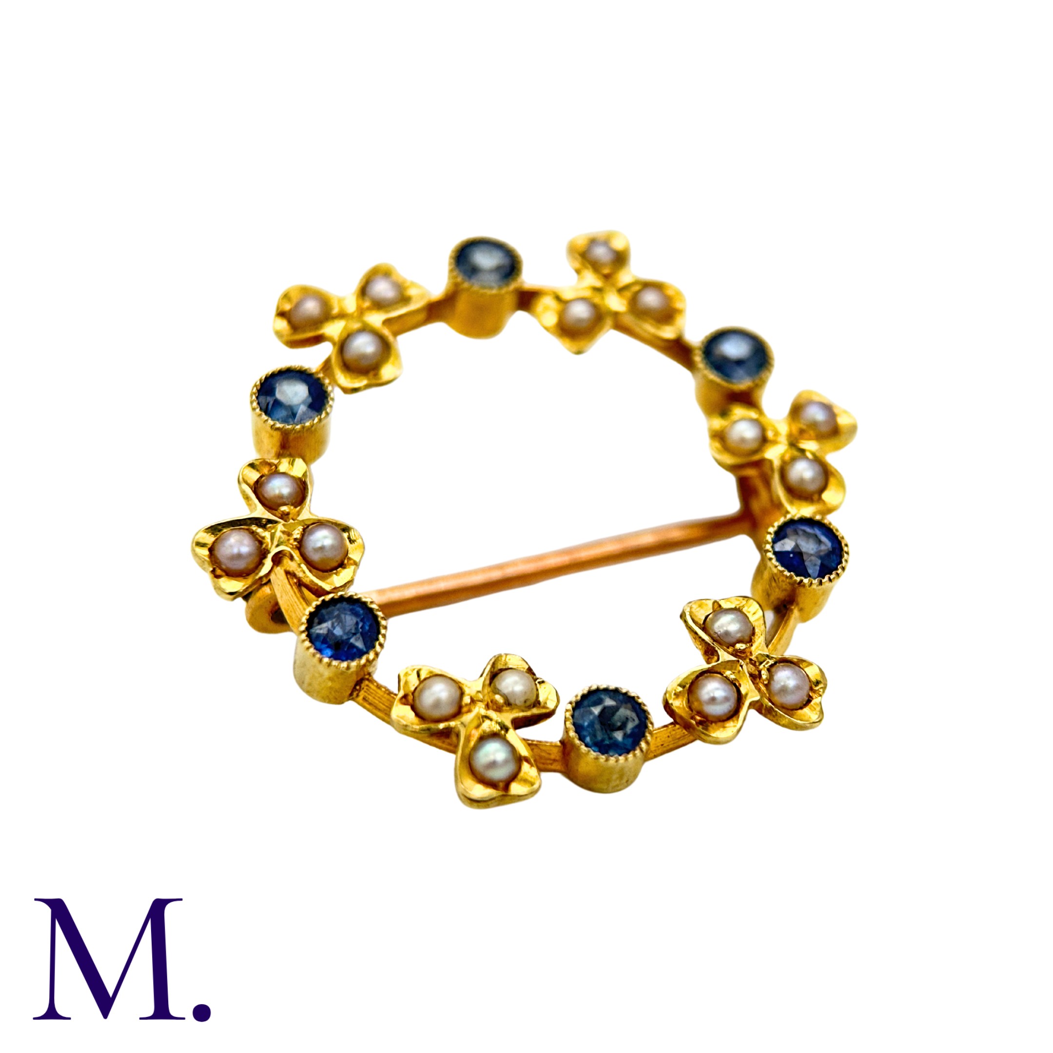 A Pearl And Sapphire Brooch in 15k yellow gold, the circular, foliate form set with round cut - Image 2 of 4