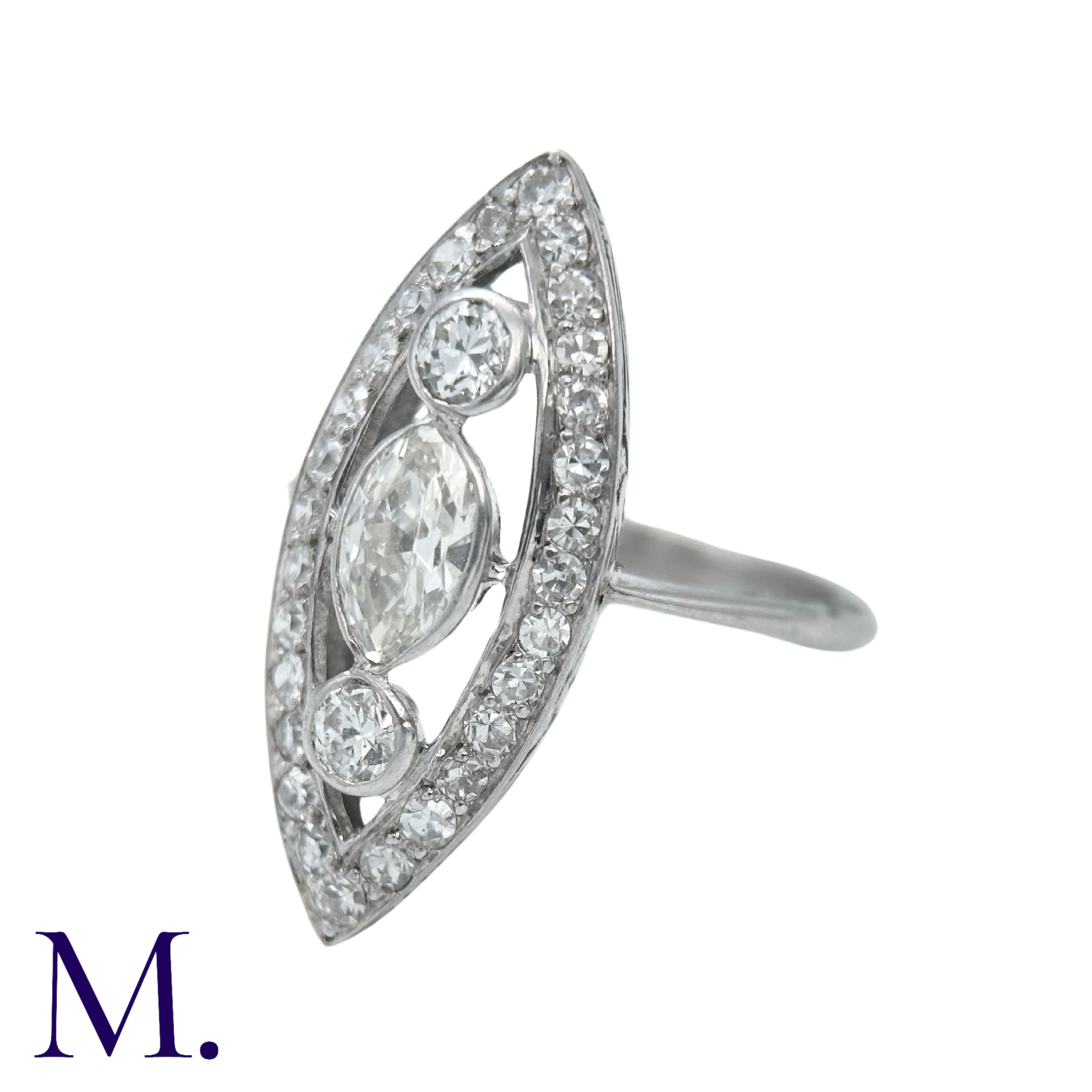 An Art Deco Diamond Ring in an openwork marquise shape with two principal round cut diamonds of - Image 4 of 6