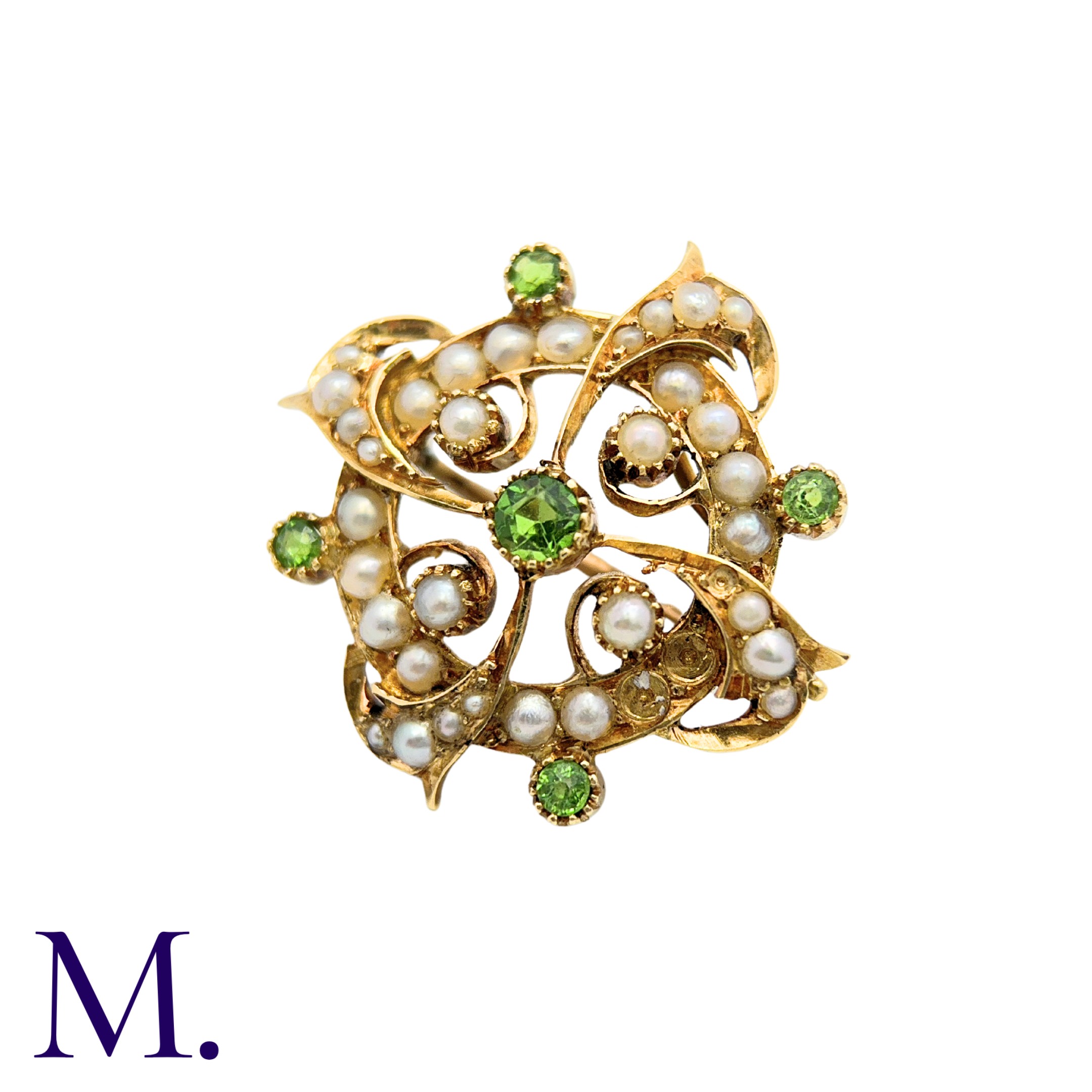 A Peridot And Pearl Brooch in 15k yellow gold, the circular form set with pearls and peridot with - Image 2 of 4