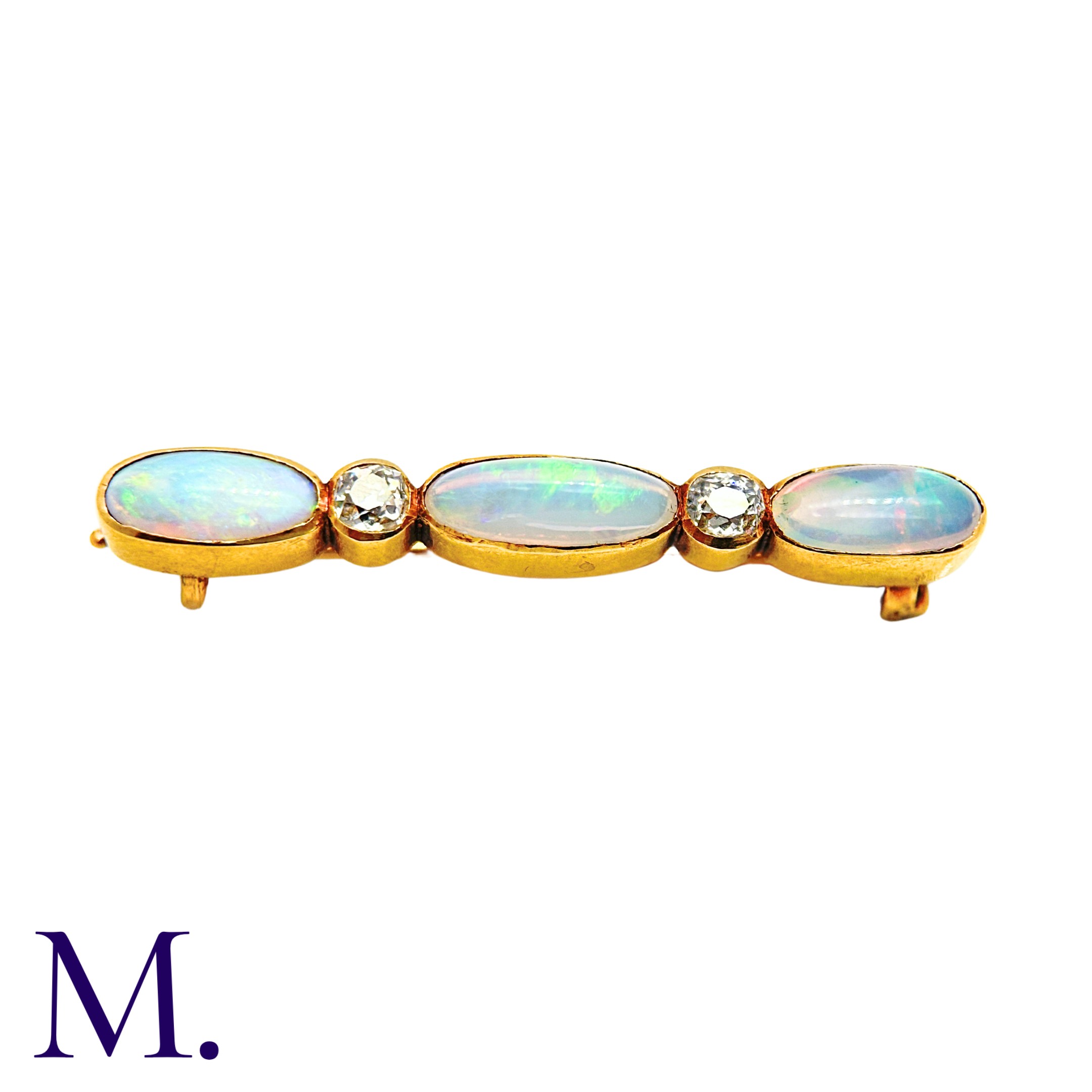 An Antique Opal And Diamond Bar Brooch in yellow gold, comprising an alternating row of three - Image 3 of 4