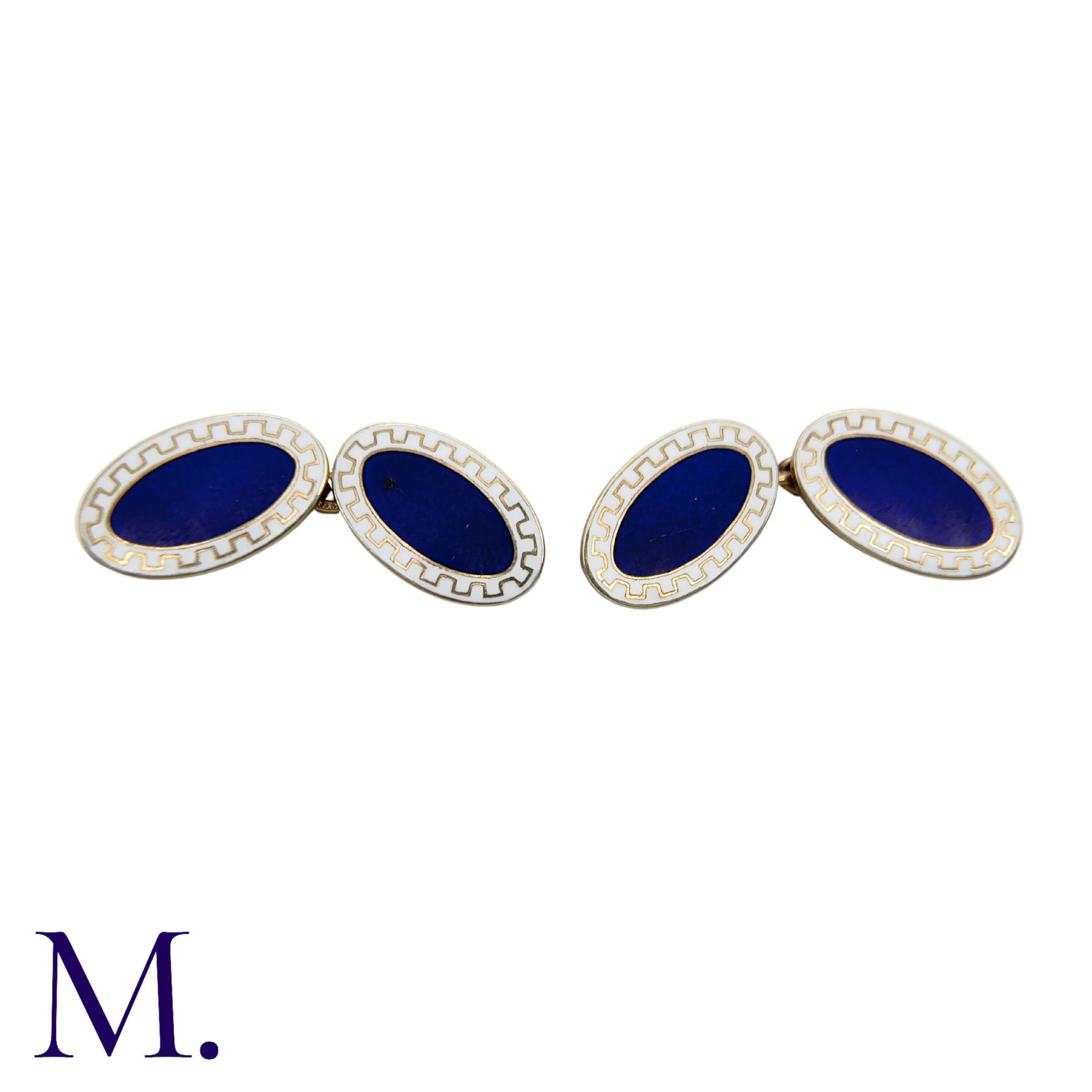 A Pair Of Enamelled cufflinks in 9k yellow gold, decorated with white and blue enamel. Hallmarked
