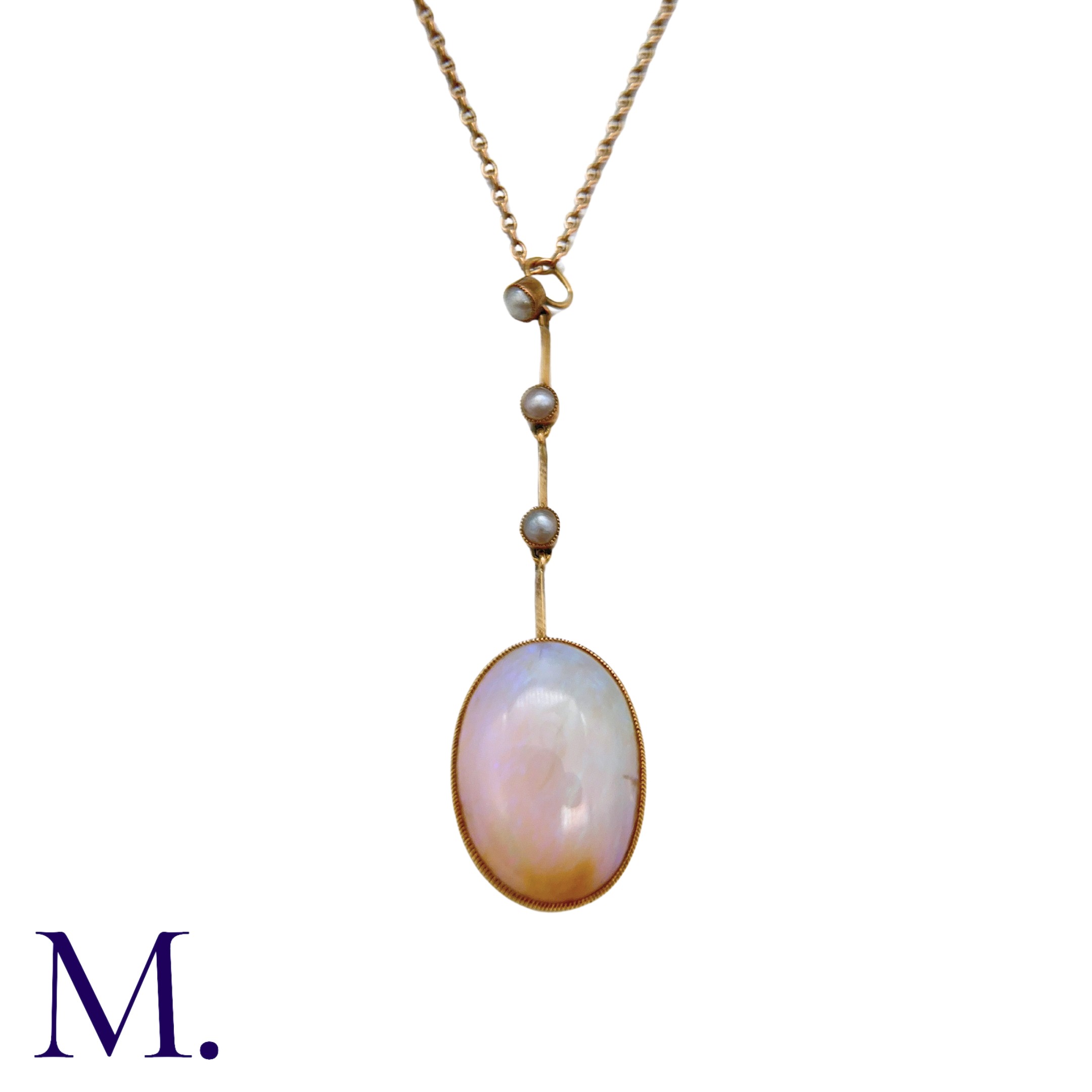 An Opal And Pearl Pendant Necklace in yellow gold, comprising a large cabochon opal below a trio - Image 3 of 3