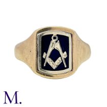 A Masonic Swivel Ring in 9k yellow gold, the signet ring with blue enamel set with gold square and