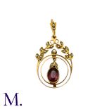 A Purple Stone And Pearl Pendant 15k in yellow gold, the open work foliate and scrolling form set