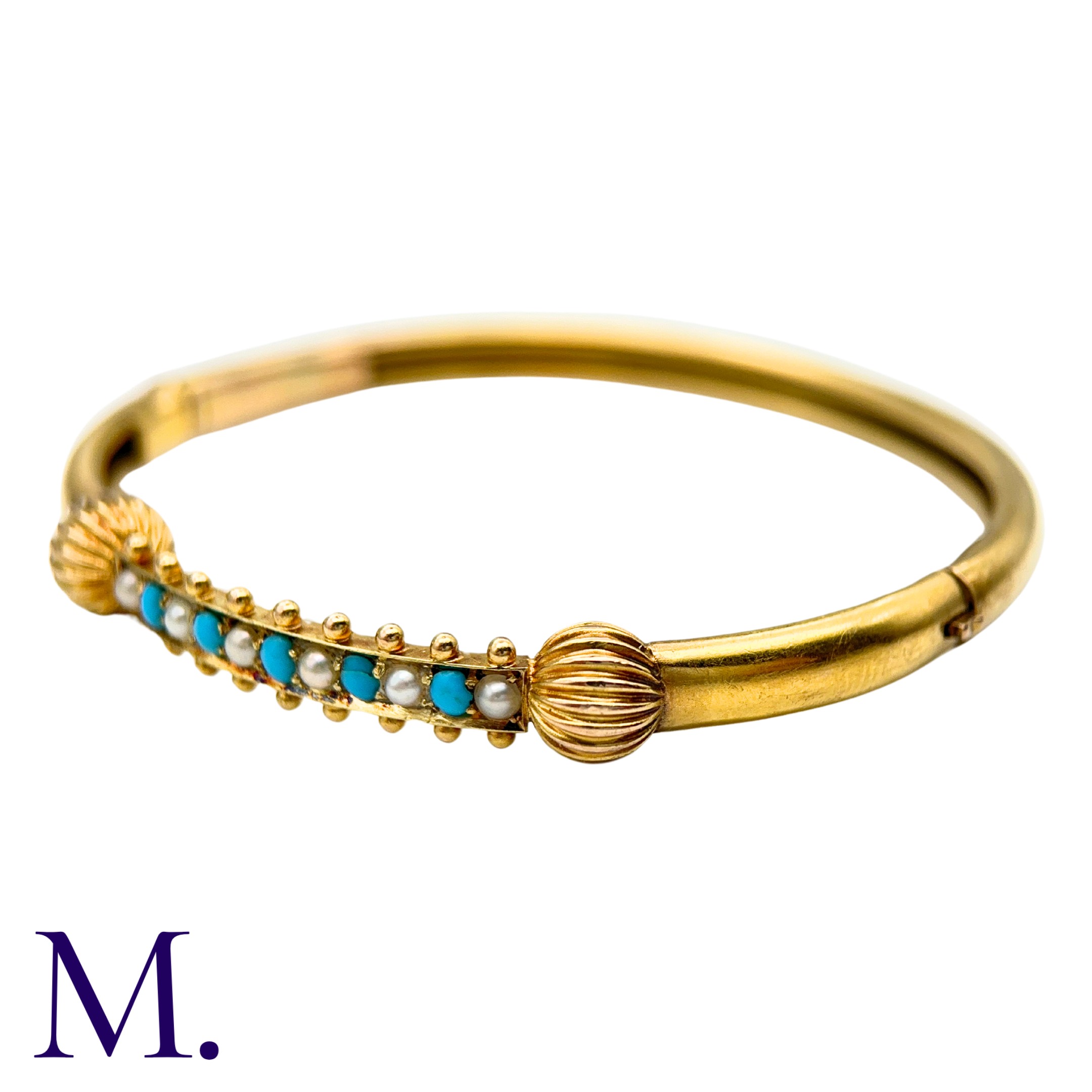 A Pearl And Turquoise Bangle in 15k yellow gold, set with a row of alternating cabochon turquoise - Image 2 of 4