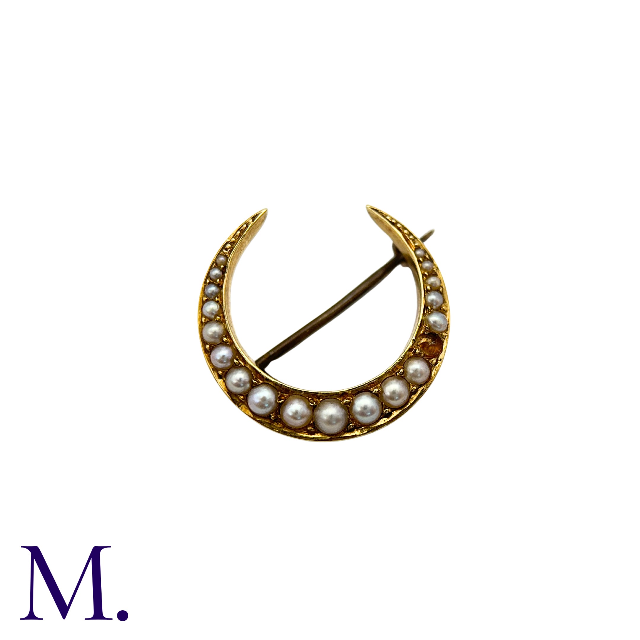 A Pearl Crescent Brooch in yellow gold, of crescent form set with a row of graduated pearls. - Image 2 of 3