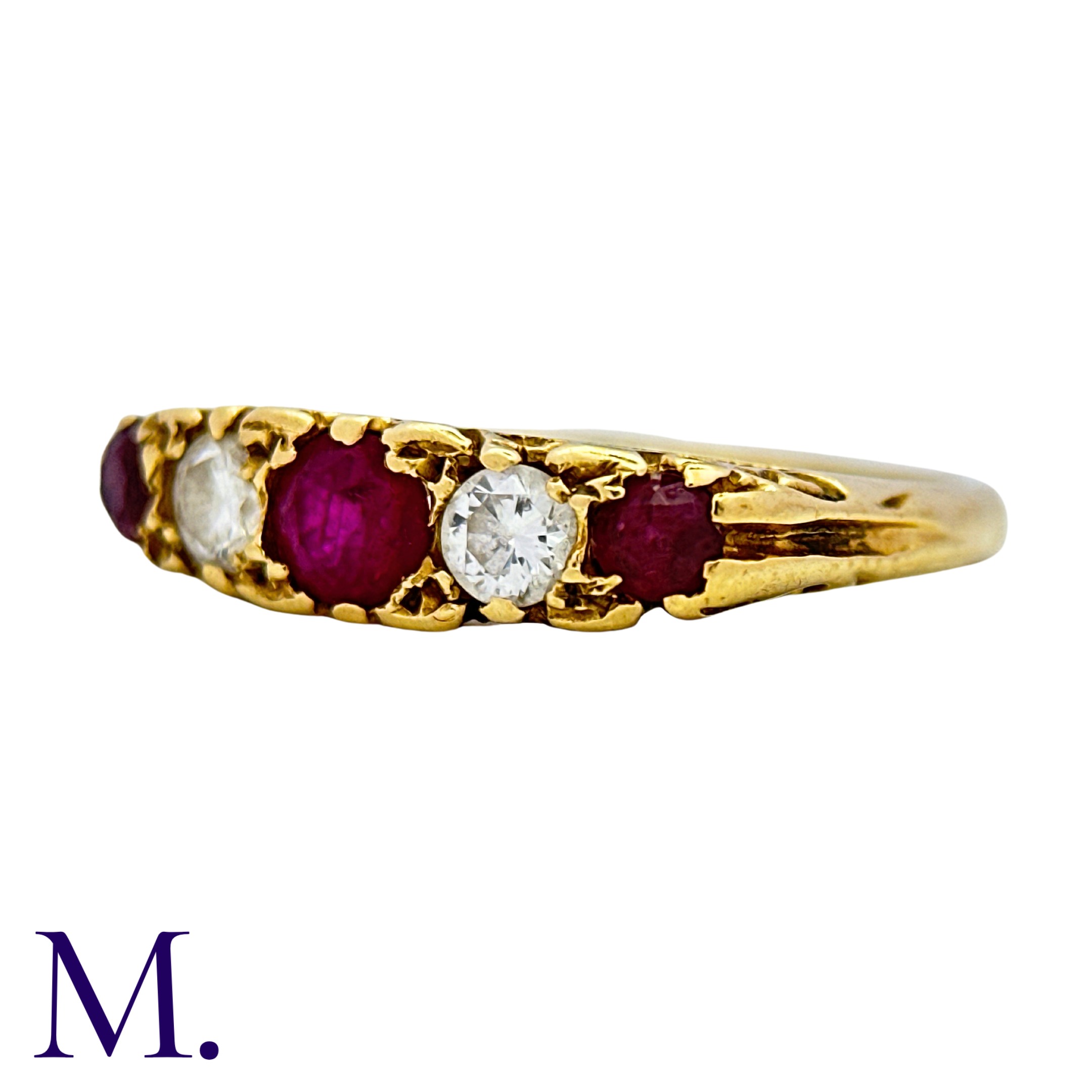 A Ruby And Diamond Five Stone Ring in 18k yellow gold, set with three round cut rubies punctuated by - Image 3 of 5