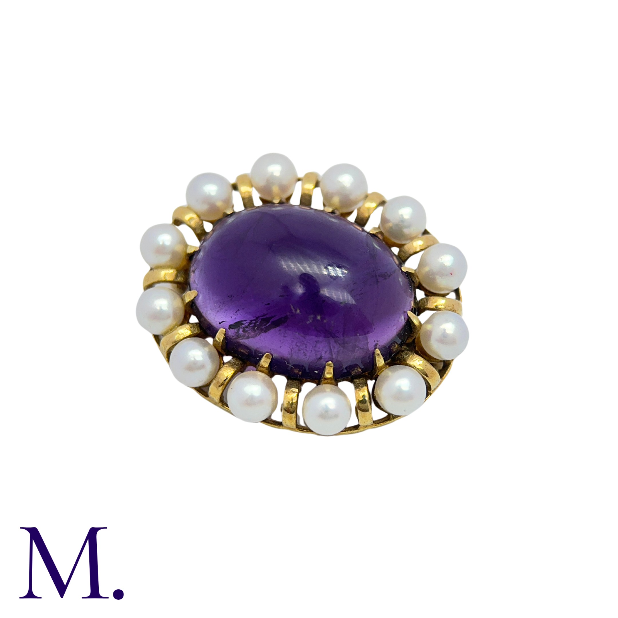 An Amethyst And Pearl Brooch in 14k yellow gold, set with a large cabochon amethyst within a - Image 2 of 3