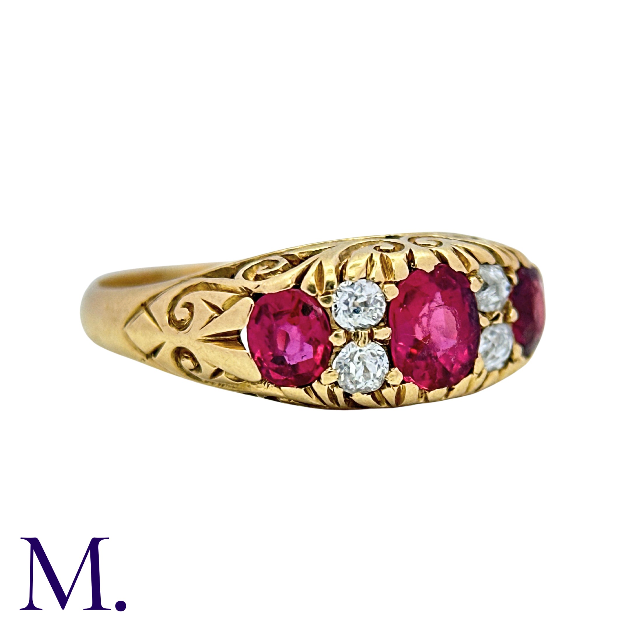 A Burma No Heat Ruby And Diamond Ring in 18k yellow gold, set with three principal cushion cut - Image 3 of 4