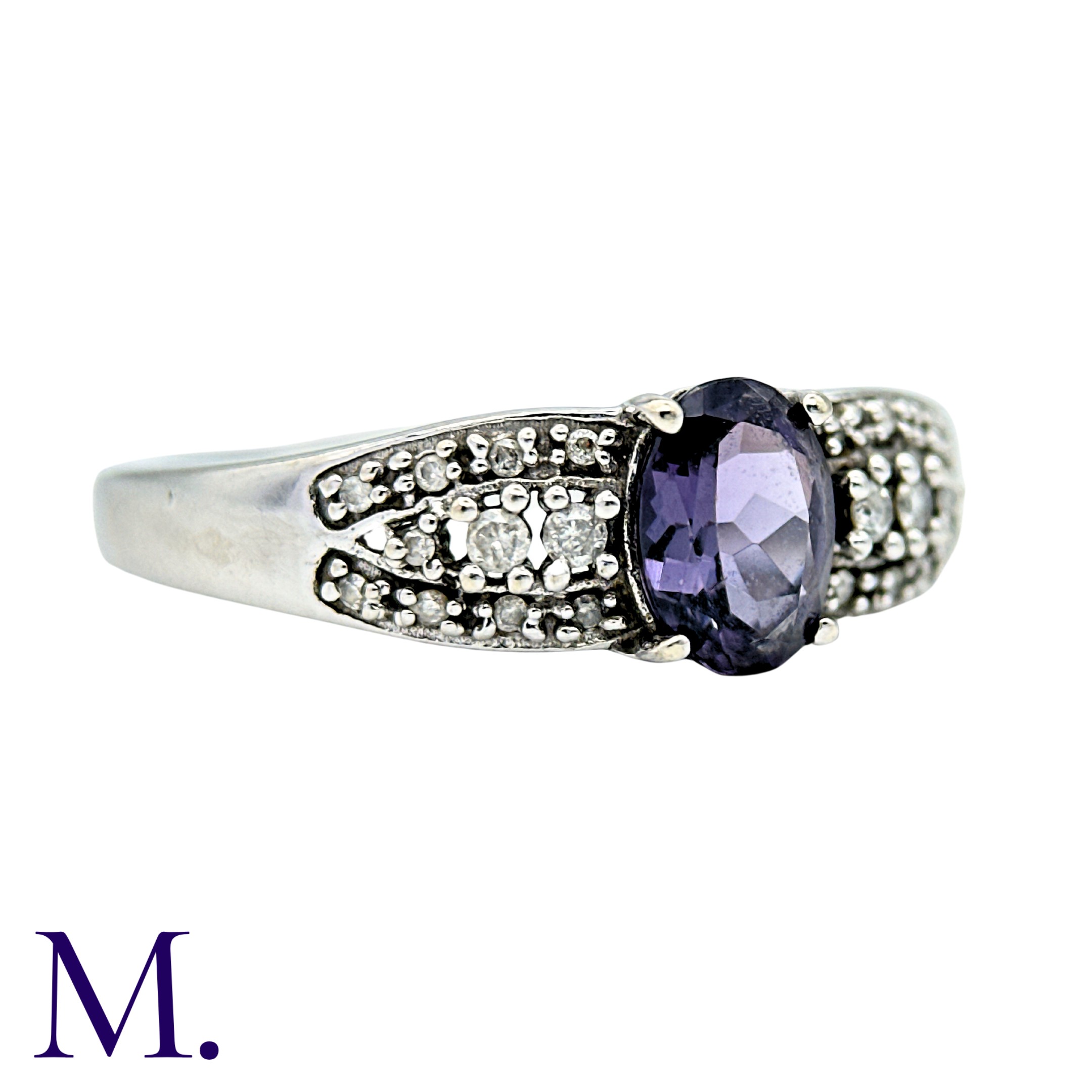 A Purple Sapphire And Diamond Ring in 9k white gold, set with an oval cut purple sapphire with - Image 3 of 3