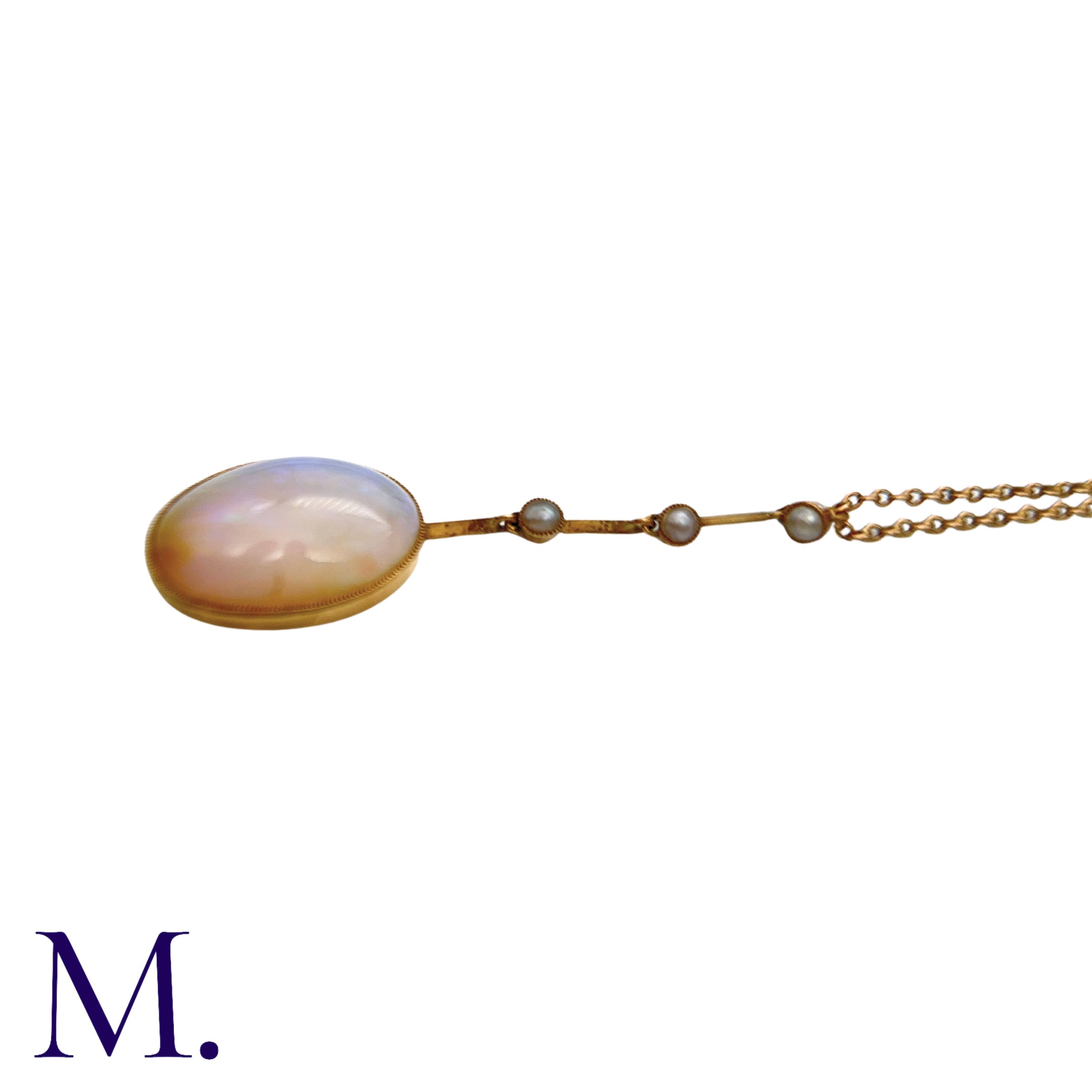 An Opal And Pearl Pendant Necklace in yellow gold, comprising a large cabochon opal below a trio