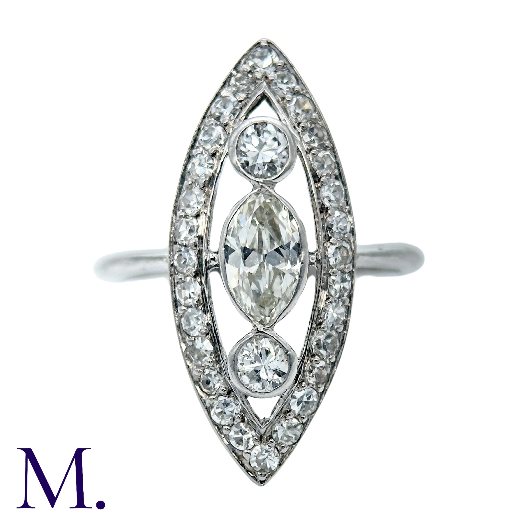 An Art Deco Diamond Ring in an openwork marquise shape with two principal round cut diamonds of - Image 5 of 6